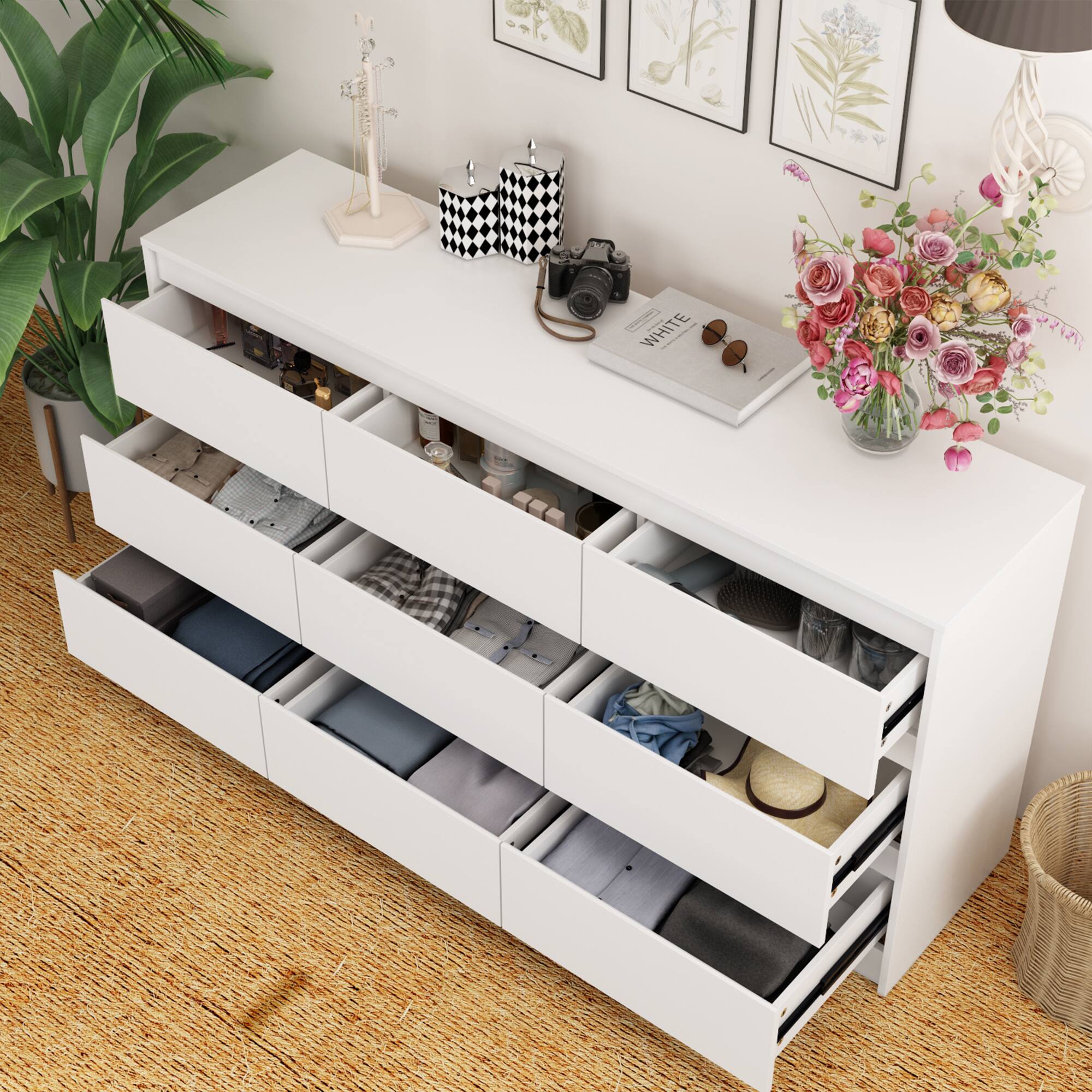 Left. FUFU & GAGA - FUFU&GAGA 9 - Drawer Horizontal Dresser  Wide Chest Artful Storage - White.