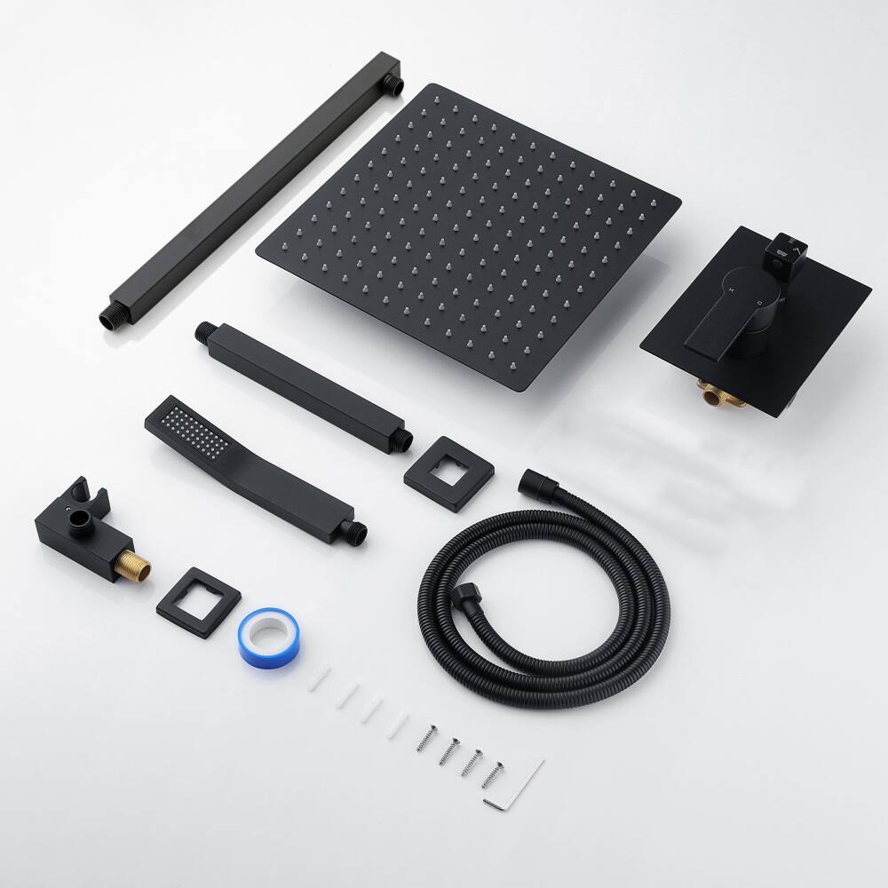 Left. JUJABU - 12" Ceiling Mount Matte Black Luxury Rainfall Mixer Shower System Combo Set - Mattle Black.