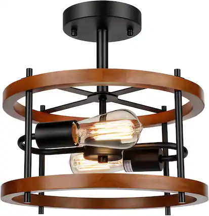 Front. Nordic Hygge - 2-Light Retro Semi Flush Mount, Rustic Vintage Wood & Black Metal Industrial Farmhouse - Cherry.