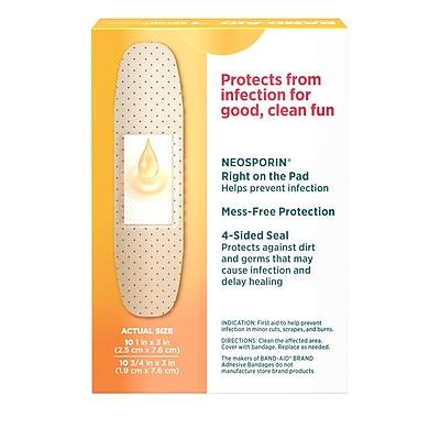 **Protects from infection for good, clean fun**

**NEOSPORIN**  
Right on the Pad  
Helps prevent infection

**Mess-Free Protection**

**4-Sided Seal**  
Protects against dirt and germs that may cause infection and delay healing

**ACTUAL SIZE**  
10 1/4 in x 3 in (2.5 cm x 7.6 cm)  
10 3/4 in x 3 in (1.9 cm x 7.6 cm)

**INDICATION**  
First aid to help prevent infection in minor cuts, scrapes, and burns

**DIRECTIONS**  
Clean the affected area. Cover with bandage. Replace as needed.

**The makers of BAND-AID BRAND Adhesive Bandages do not manufacture store brand products.**