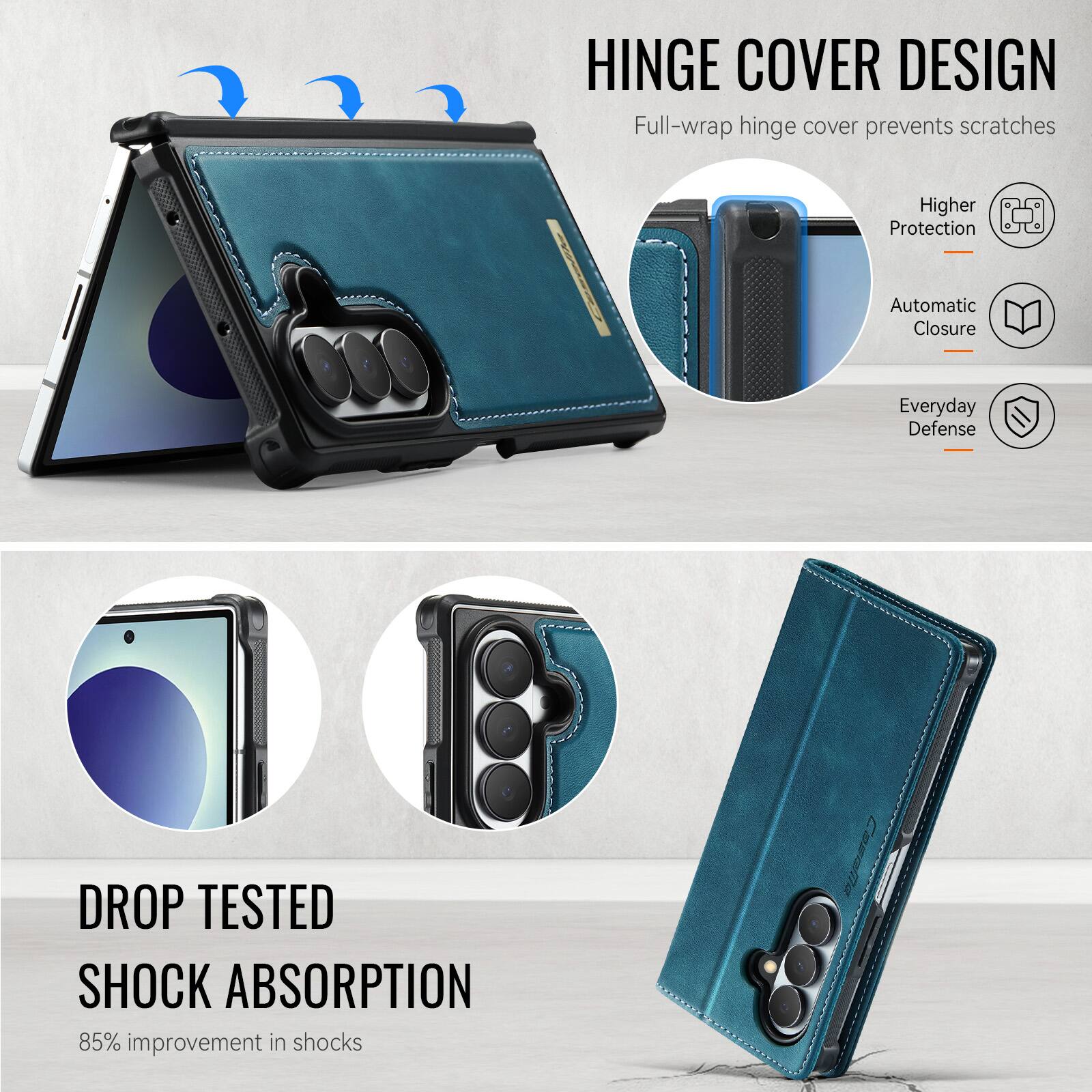 HINGE COVER DESIGN  
Full-wrap hinge cover prevents scratches

Higher Protection  
Automatic Closure  
Everyday Defense

DROP TESTED SHOCK ABSORPTION  
85% improvement in shocks
