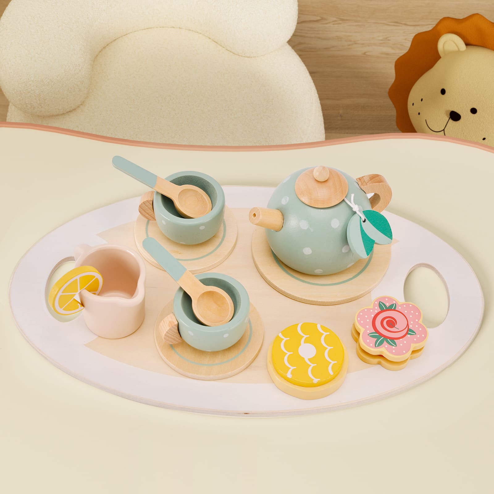 Topteng - 15-Piece Wooden Tea Set for Kids - Pretend Play Tea Party with Tray, Teapot & Play Food, Toy for Kid