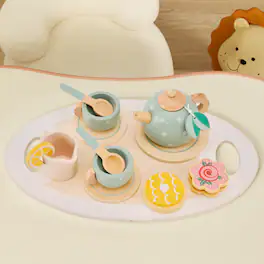 Topteng - 15-Piece Wooden Tea Set for Kids - Pretend Play Tea Party with Tray, Teapot & Play Food, Toy for Kid