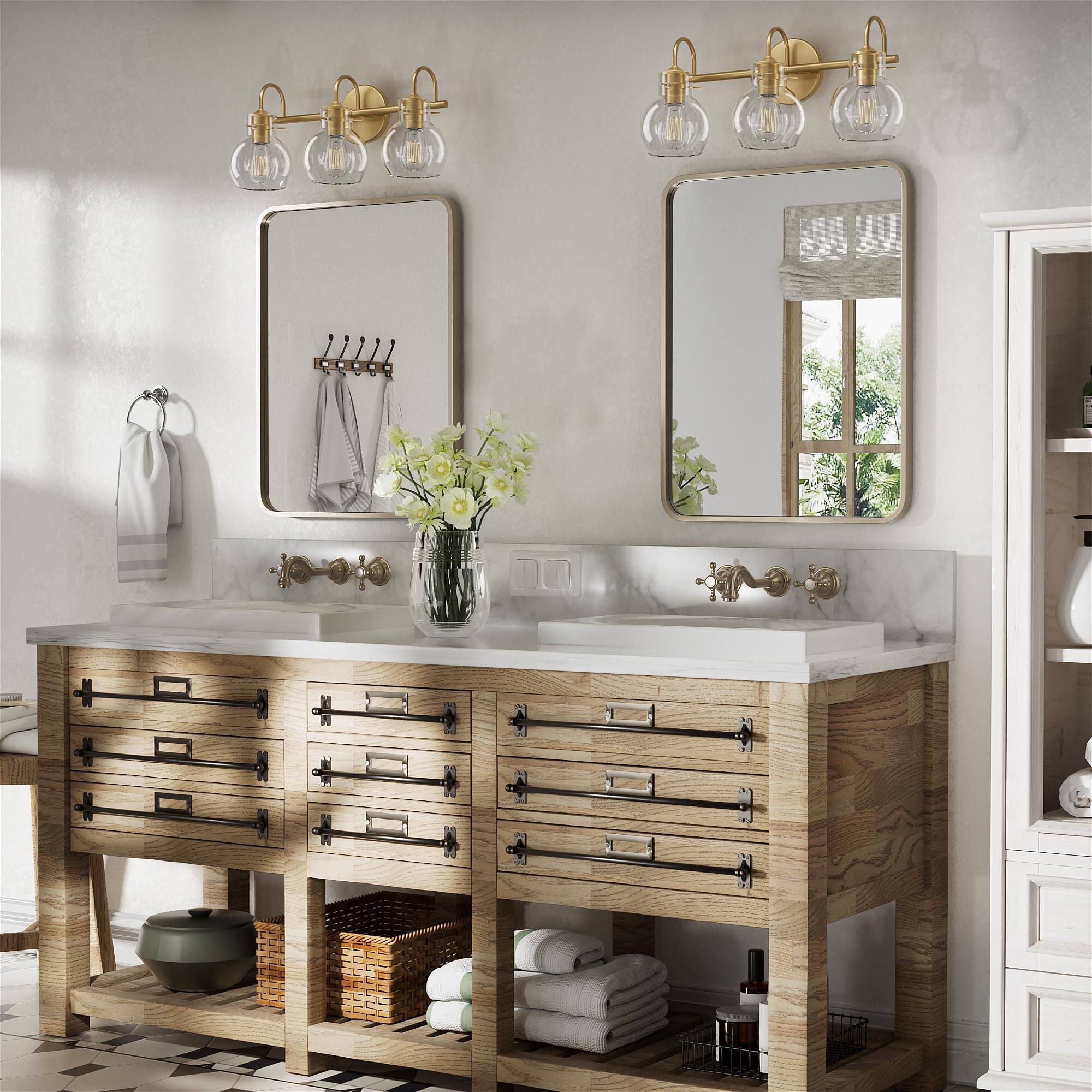 Left. PAIHOME - Bathroom Vanity Light 21" Modern 3-Light Bathroom Light Fixtures over Mirror with Clear Glass Shade E26 Base Wall Sconce - Gold.