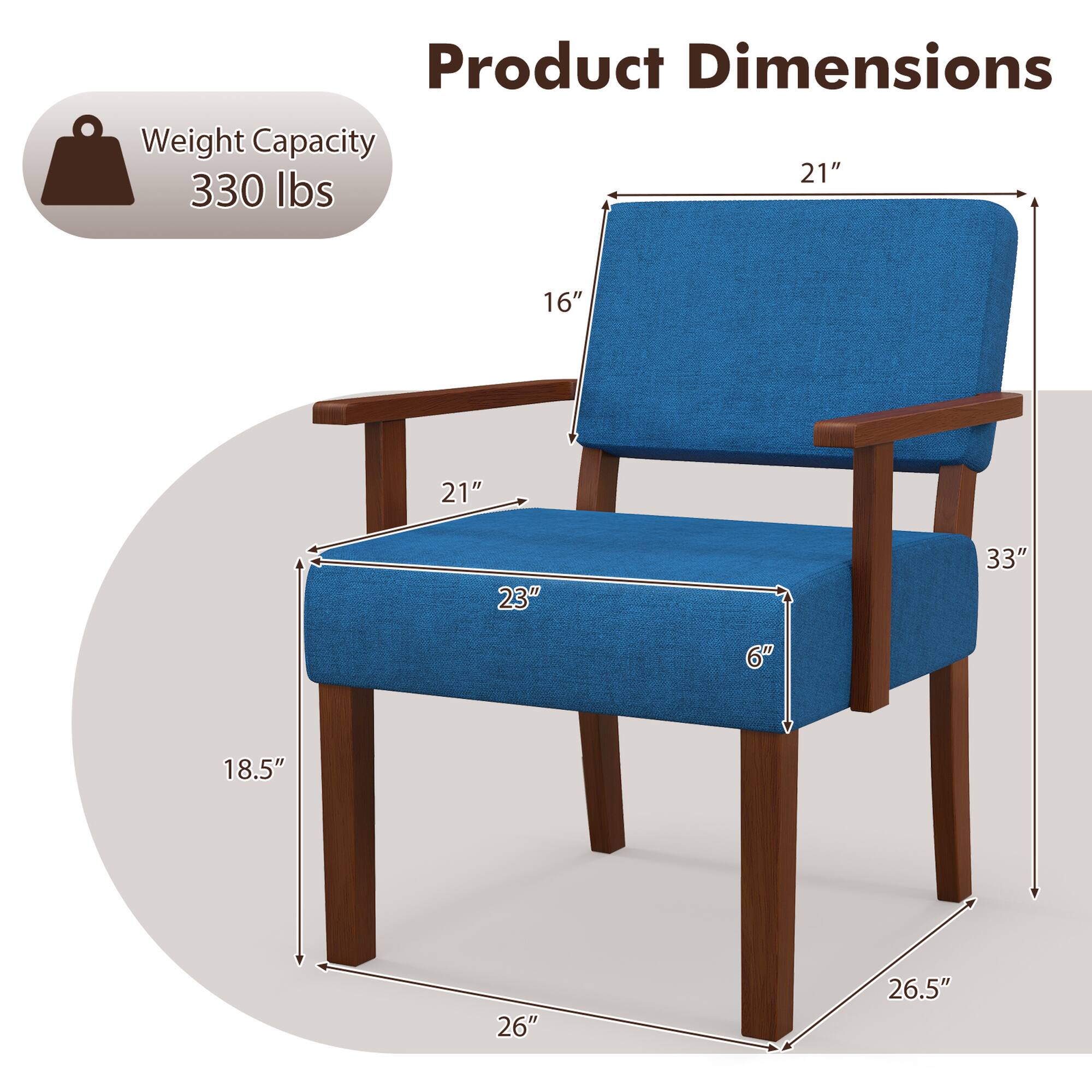 Product Dimensions:
- Weight Capacity: 330 lbs
- Dimensions: 21" x 21" x 33"
- Seat Size: 16" x 23"
- Armrest Size: 6" x 18.5"
- Overall Size: 26" x 26.5"