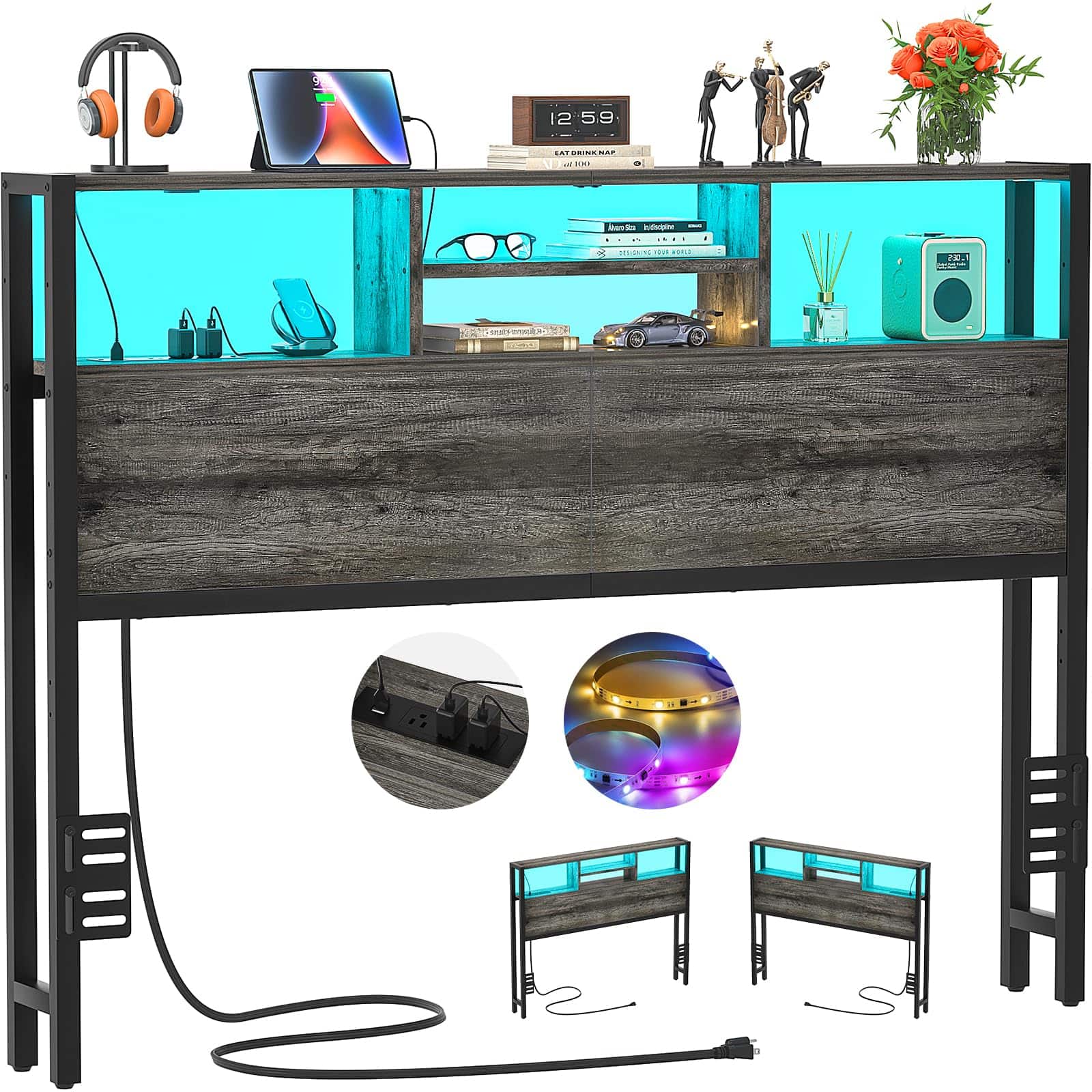 Aheaplus - Full Size Storage Headboard Only - Built-in Outlets, USB Ports, LED Light, Height Adjustable, Reversible, Sturdy Stable - Gray Oak price history on PriceWatchPro