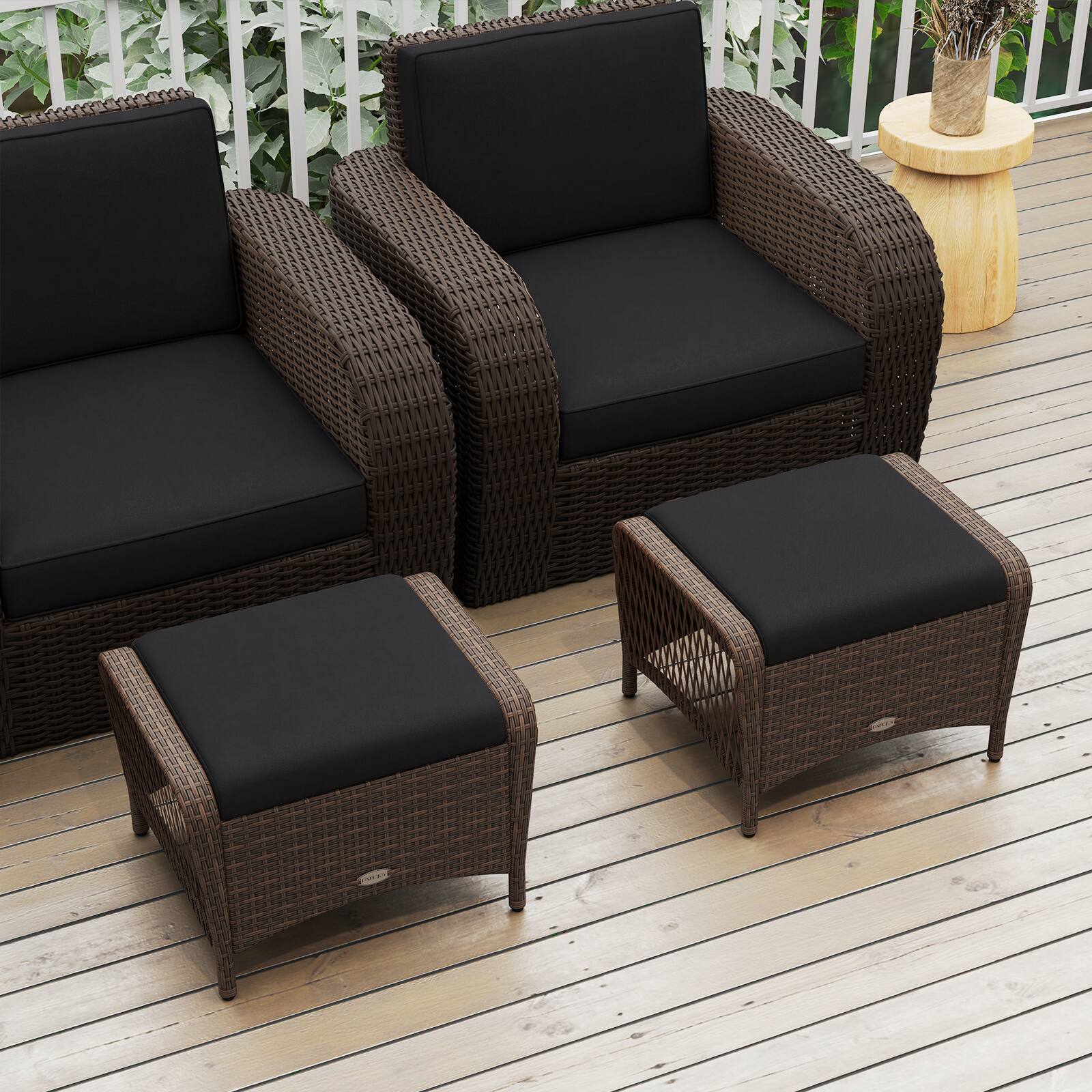 Alt View 3. Costway - Costway 2 Pieces Outdoor Patio PE Wicker Ottomans with Removable Cushions for Porch, Garden - Mix Brown+Black.