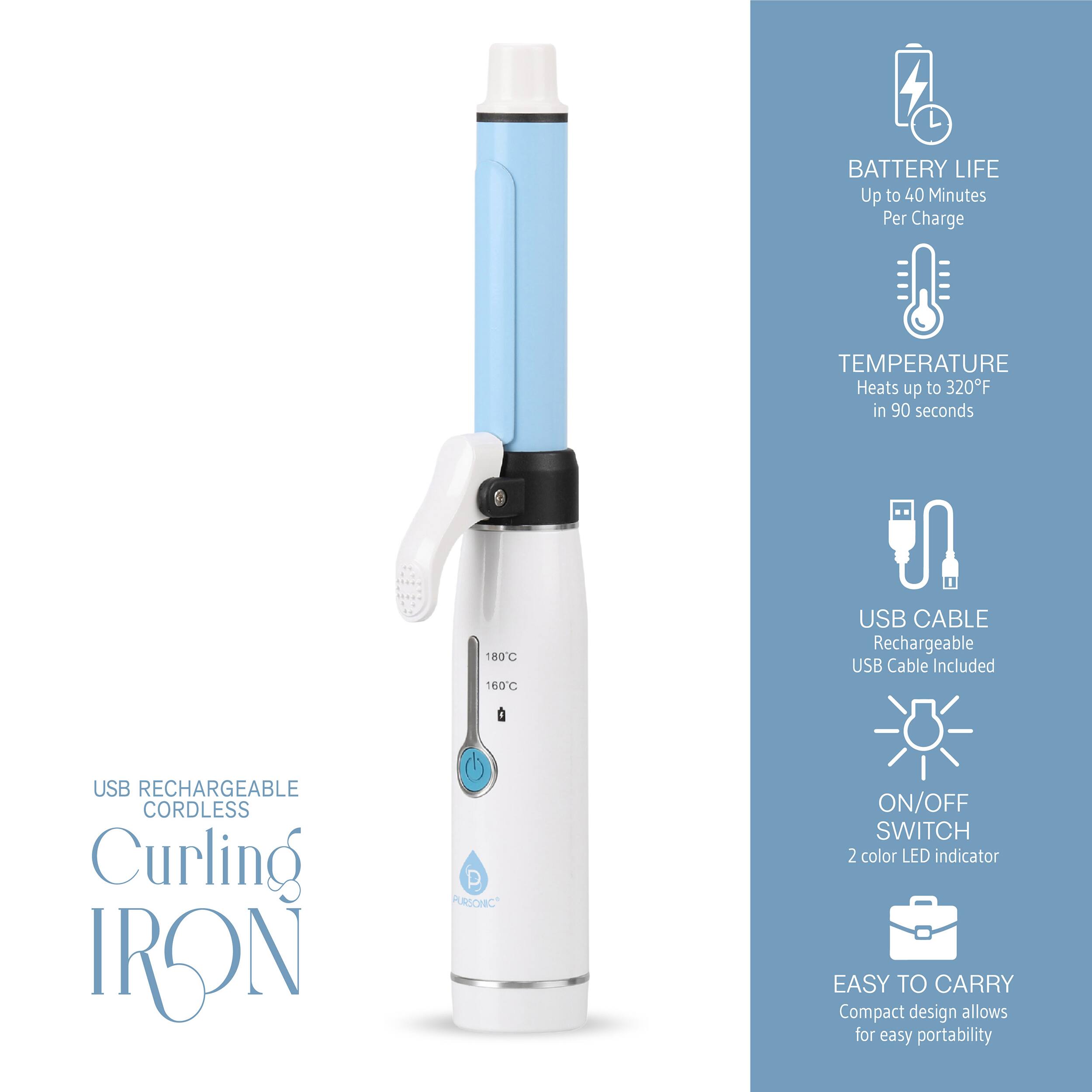 **USB RECHARGEABLE CORDLESS Curling IRON**

- **BATTERY LIFE**  
  Up to 40 Minutes Per Charge

- **TEMPERATURE**  
  Heats up to 320°F in 90 seconds

- **USB CABLE**  
  Rechargeable USB Cable Included

- **ON/OFF SWITCH**  
  2 color LED indicator

- **EASY TO CARRY**  
  Compact design allows for easy portability