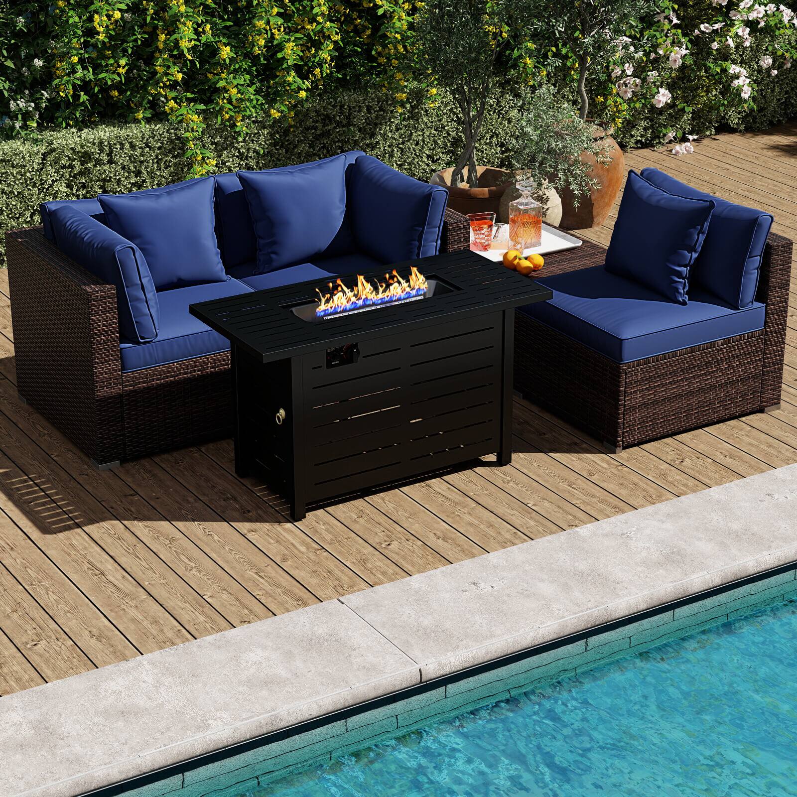 Alt View 4. Costway - Costway 5 PCS Patio Furniture Set Heavy-duty Frame Rattan Sofa Set with 60,000 BTU Firepit Table - Navy.