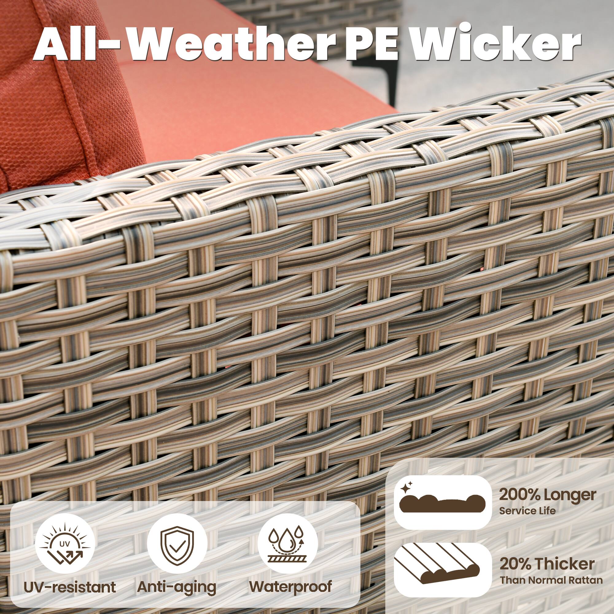 All-Weather PE Wicker

- UV-resistant
- Anti-aging
- Waterproof
- 200% Longer Service Life
- 20% Thicker Than Normal Rattan