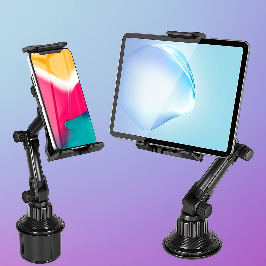 Front. Zell Electronics - Car Cup Holder Mount for 14” Tablets & Phones Durable, Ergonomic Design with Secure Base - Black.