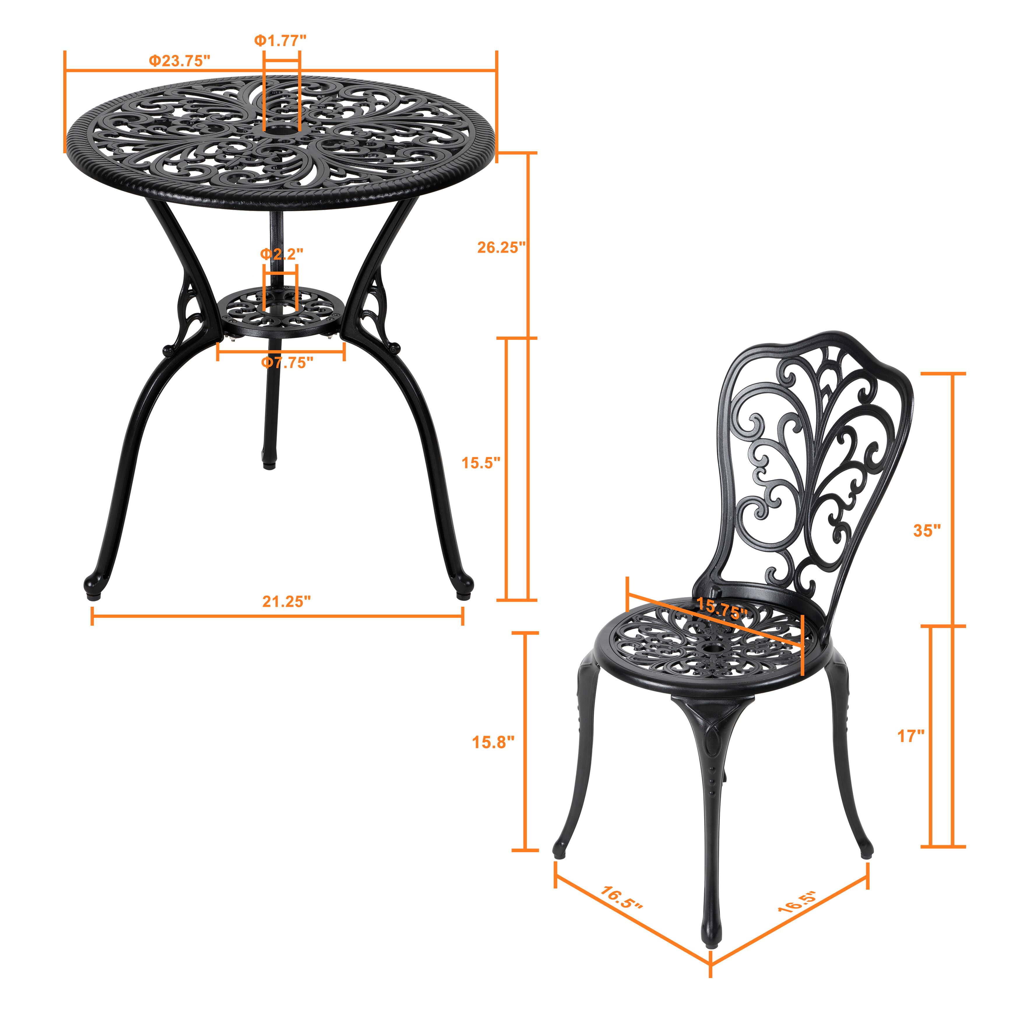 Sure, here is the corrected and grouped text from the image:

**Table:**
- Diameter: 23.75"
- Height: 15.5"
- Top Height: 1.77"
- Bottom Height: 2.2"
- Width: 26.25"
- Depth: 21.25"
- Seat Height: 7.75"

**Chair:**
- Height: 35"
- Width: 15.8"
- Depth: 16.5"
- Seat Height: 15.75"
- Back Height: 17"