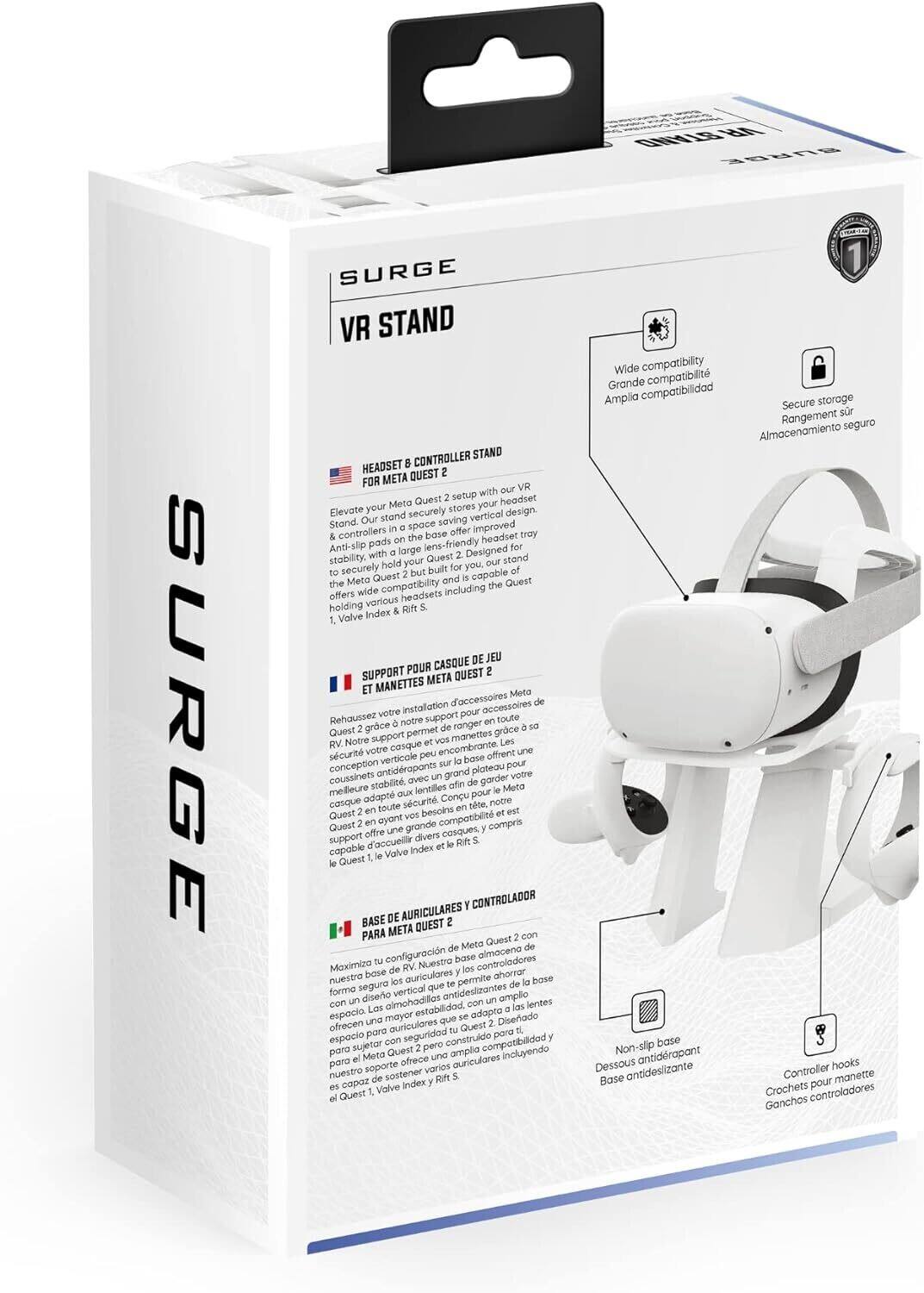 **SURGE VR STAND**

**HEADSET & CONTROLLER STAND FOR META QUEST 2**

Elevate your Meta Quest 2 headset and controllers in a space-saving vertical design. Our stand securely stores your Meta Quest 2 headset and controllers in a space-saving vertical design. Anti-slip pads on the base offer stability, with your Meta Quest 2 headset and controllers securely stored. The stand is compatible with the Meta Quest 2 but also built for the Valve Index and Rift S. It holds various headsets including the Valve Index & Rift S.

**SUPPORT POUR CASQUE ET MANETTES META QUEST 2**

Rehaussez votre installation de casque et manettes Meta Quest 2 avec notre support vertical. Notre support permet de ranger votre casque et manettes en toute sécurité. Conçu pour Meta Quest 2, il est compatible avec les casques Meta Quest 2 et Valve Index & Rift S.

**BASE DE AURICULARES Y CONTROLADOR PARA META QUEST 2**

Maximiza tu configuración de auriculares y controlador de Meta Quest 2 con nuestra base vertical. Nuestra base vertical permite almacenar tu casque y controlador de Meta Quest 2 de forma segura y ef