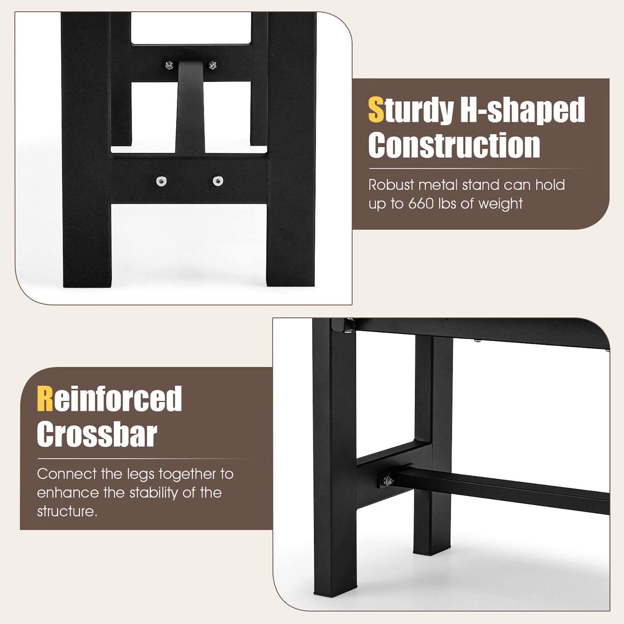 Sturdy H-shaped Construction, Robust metal stand can hold up to 660 lbs of weight, Reinforced Crossbar, Connect the legs together to enhance the stability of the structure.