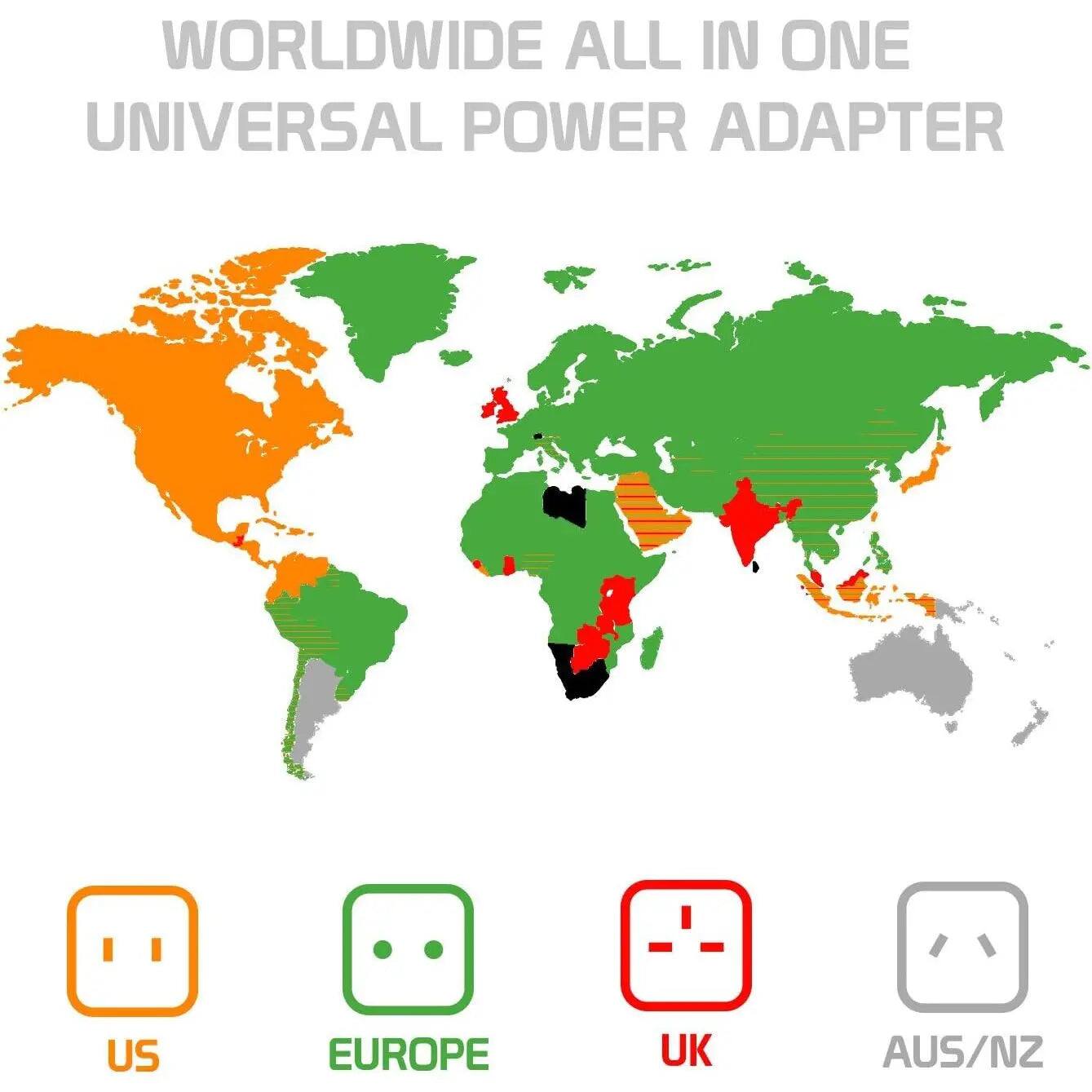 WORLDWIDE ALL IN ONE UNIVERSAL POWER ADAPTER

US
EUROPE
UK
AUS/NZ
