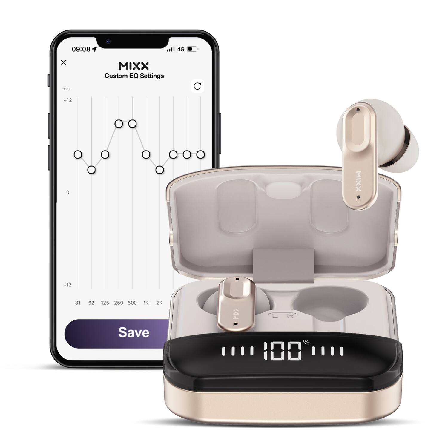 09:08 4G x MIXX Custom EQ Settings db +12 0 MIXX -12 31 62 125 250 500 1K 2K Save XX % 100