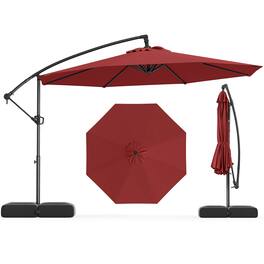 Costway - 10 FT Offset Hanging Umbrella with Base Patio Cantilever Umbrella 360° Rotation - Red
