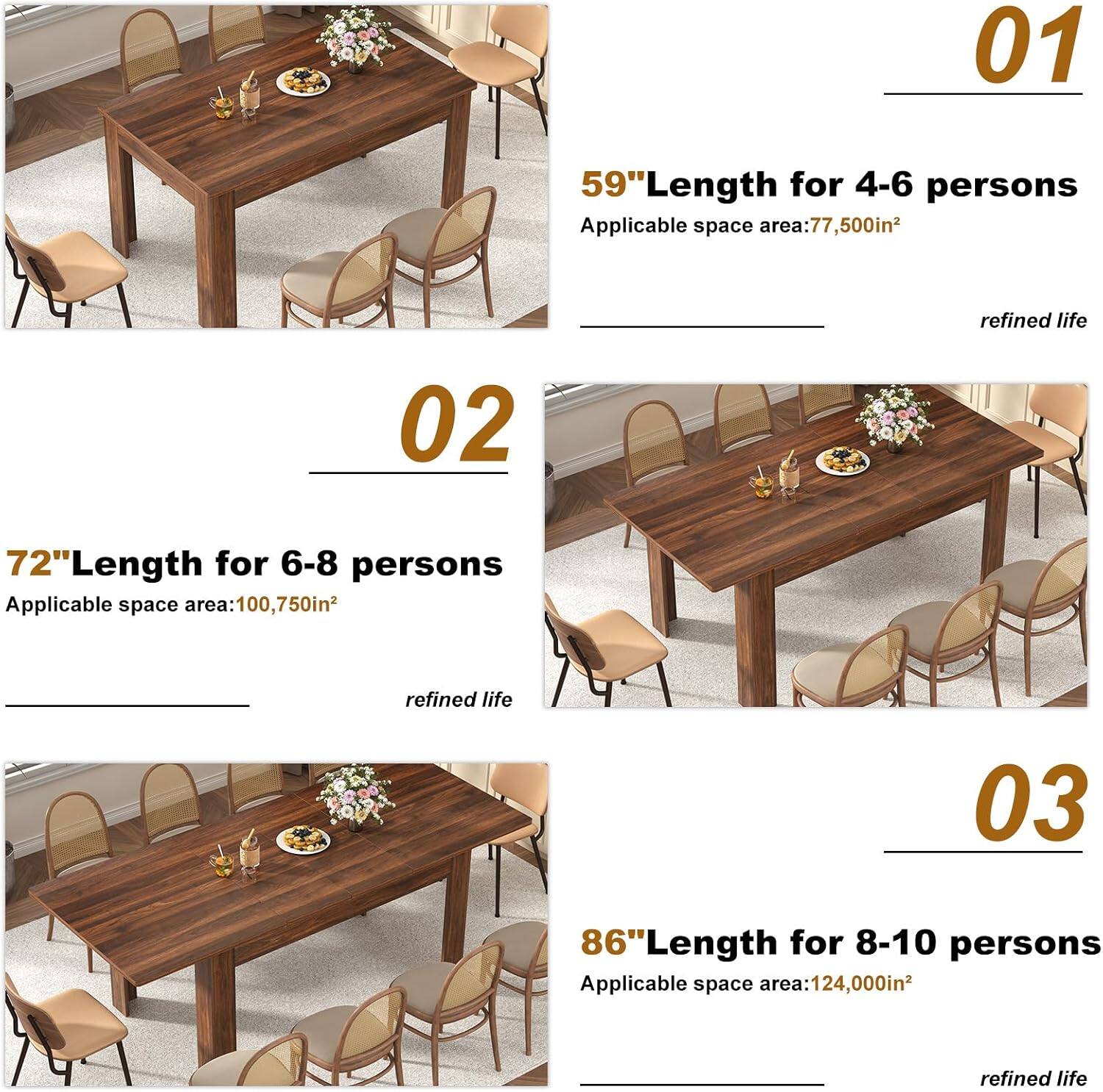 01 59" Length for 4-6 persons  
Applicable space area: 77,500in²  
refined life  

02 72" Length for 6-8 persons  
Applicable space area: 100,750in²  
refined life  

03 86" Length for 8-10 persons  
Applicable space area: 124,000in²  
refined life