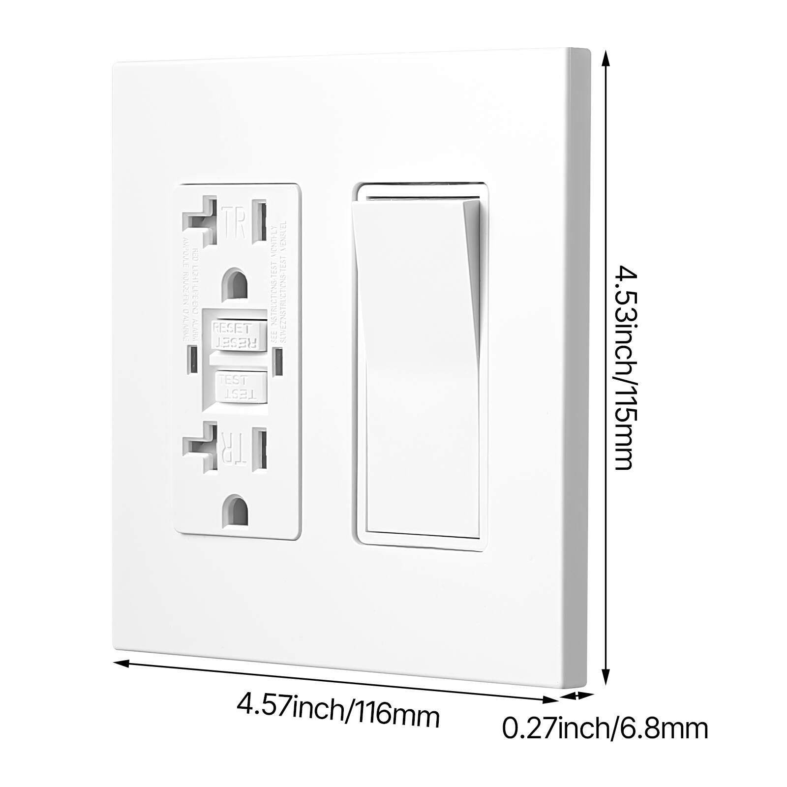 The corrected text is:

"AMPOULE RLO 1 Oh ROVDGIRNDALIM D241EEN ALAA TR VENSEL LUN3 E&T INSTRUCTIONS: TEST SWITCH TEST NZENN RESET TEST SUN RESEY TEST TR 4.53 inch/115 mm 4.57 inch/116 mm 0.27 inch/6.8 mm"