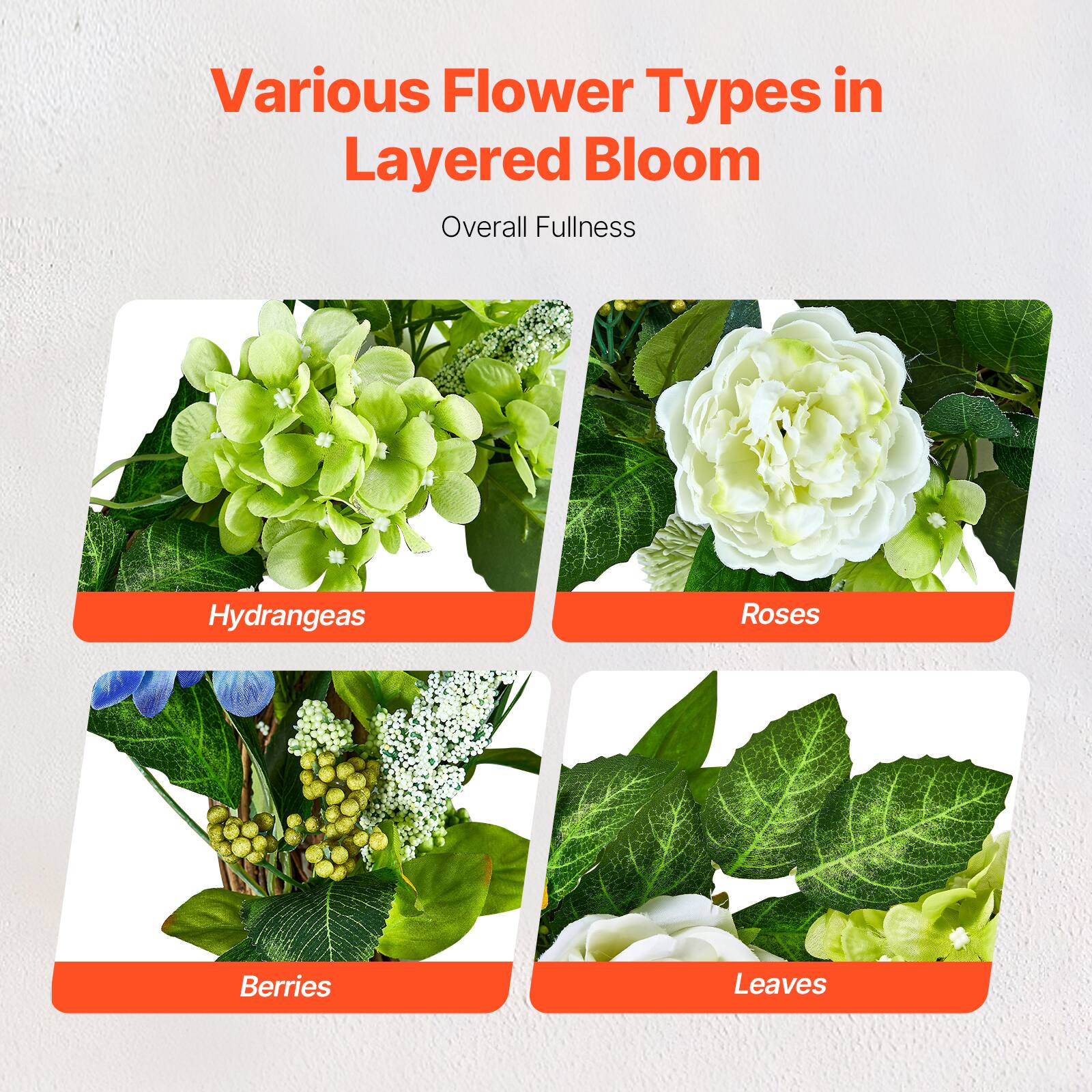 Various Flower Types in Layered Bloom  
Overall Fullness  

Hydrangeas  
Roses  
Berries  
Leaves