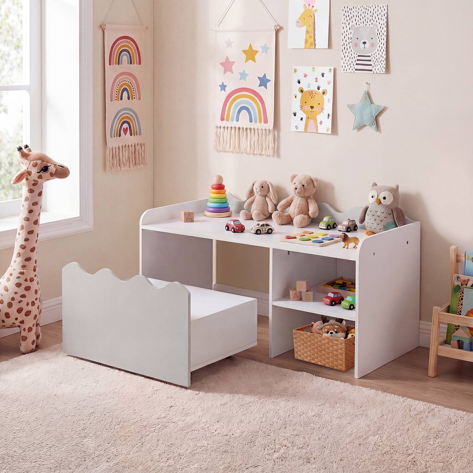 Alt View 1. Costway - Costway Kids Bookshelf & Toy Storage Organizer,Wooden Toddler Book Rack with Movable Drawer - Gray + White.