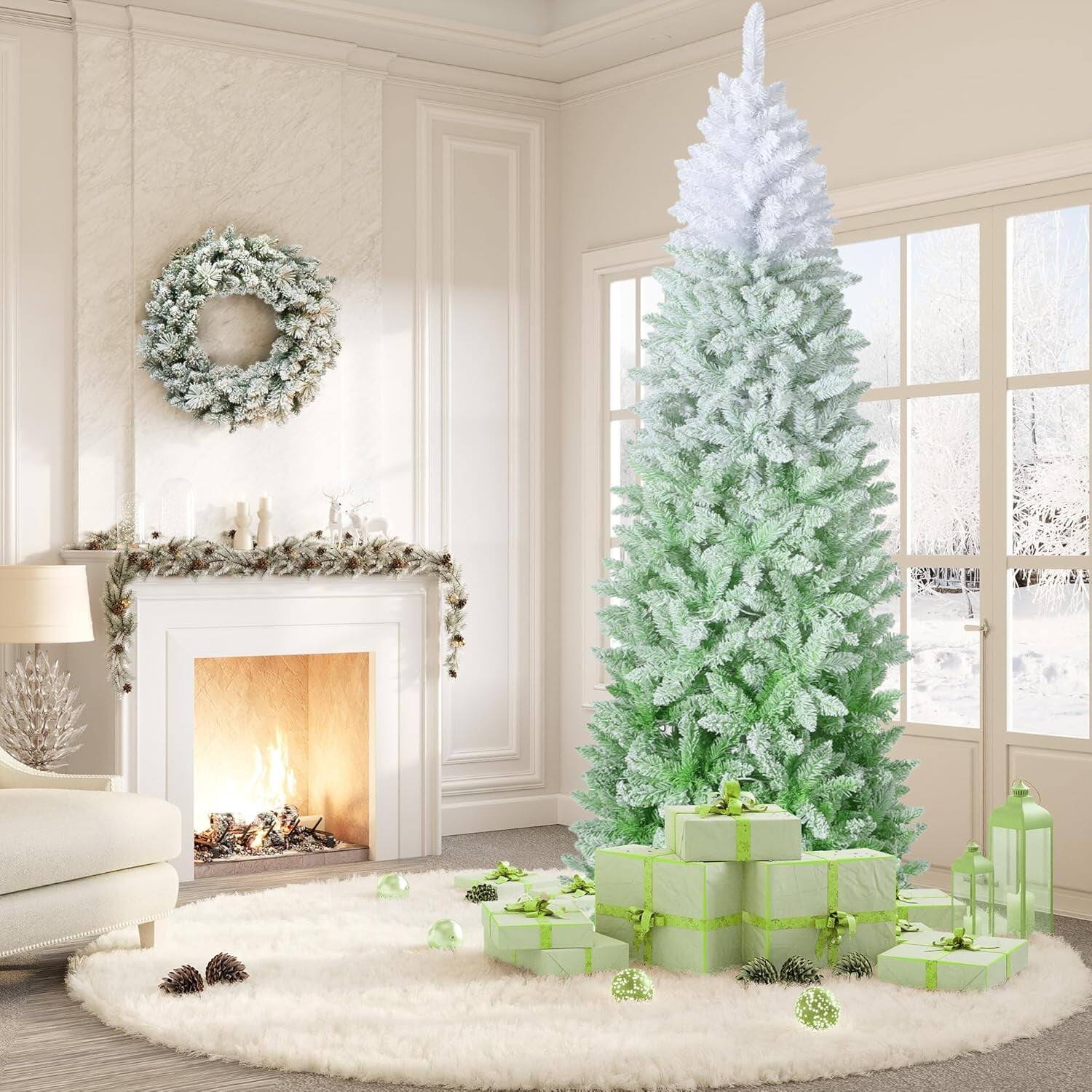 Alt View 2. Jojoka - 7.5Ft Pencil Christmas Tree Artificial Xmas Tree for Indoor Outdoor Christmas Decorations - White Green 7.5ft.
