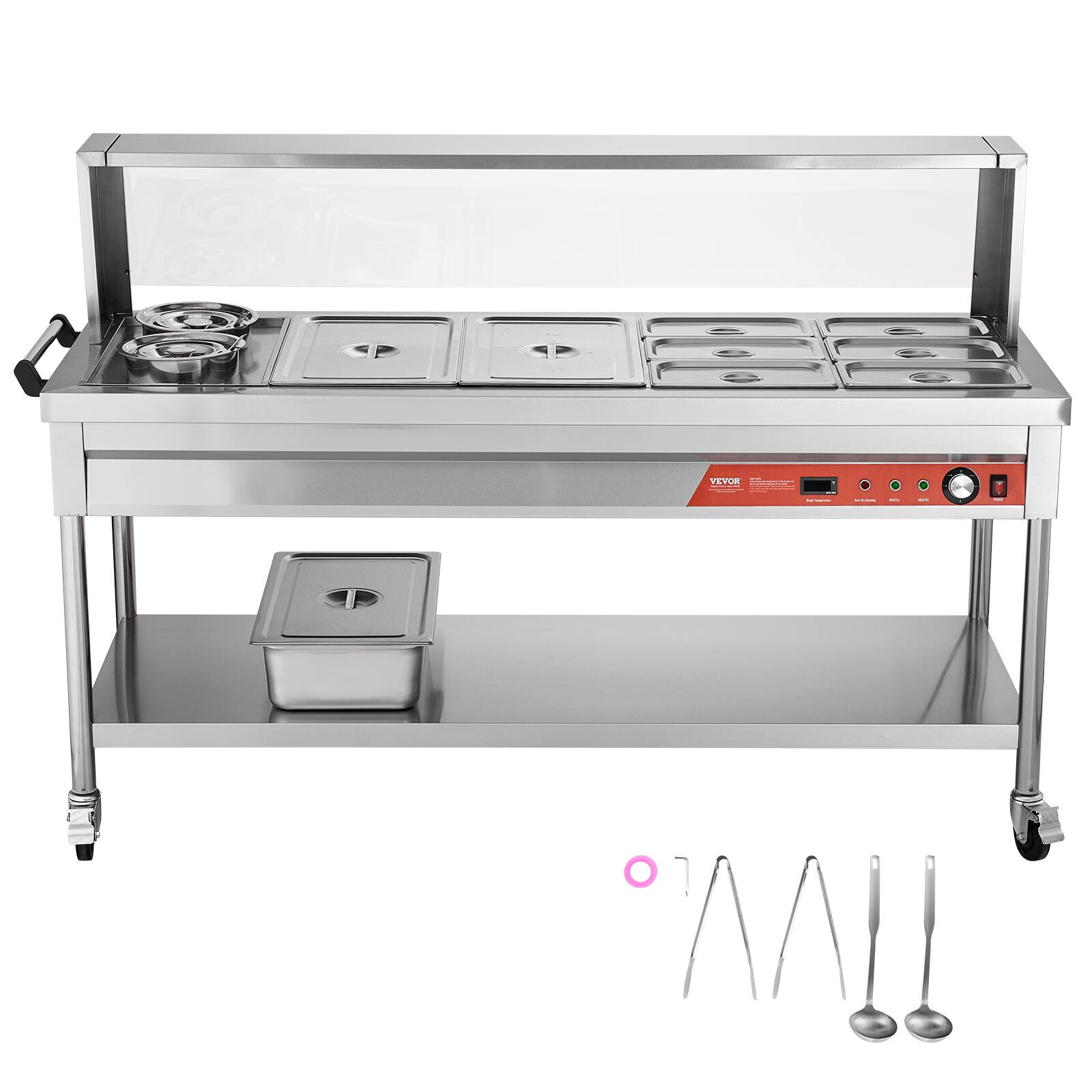 Alt View 5. VEVOR - Commercial Food Warmer, 8 Pans + 2 Pots Electric Steam Table, 1800W Professional Buffet Catering Food Warmer - Silver.