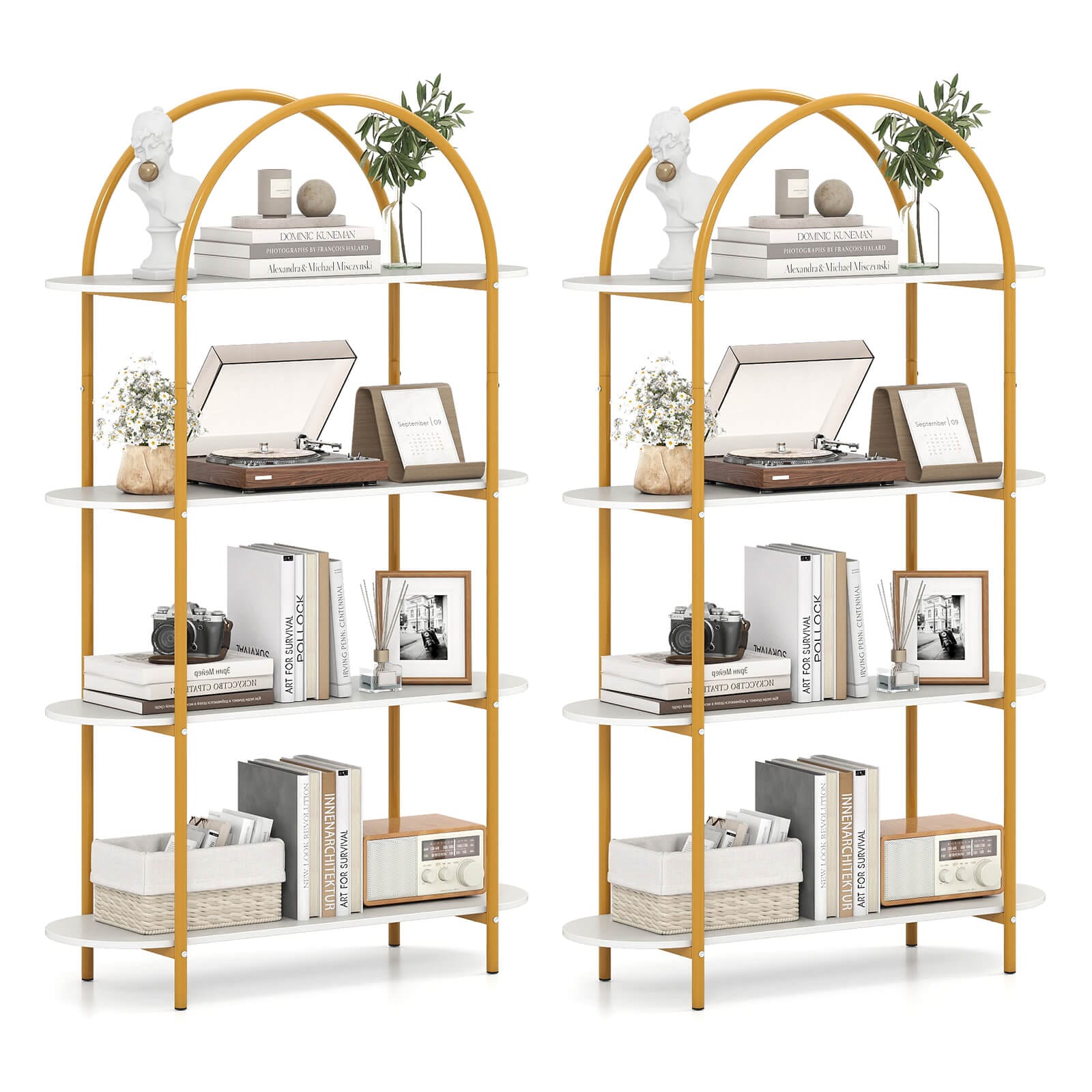 Costway - 2 PCS Arched Bookshelf, 4-Tier Open Bookcase with Sturdy Metal Frame for Living Room - Gold,White