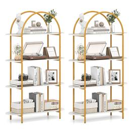 Costway - 2 PCS Arched Bookshelf, 4-Tier Open Bookcase with Sturdy Metal Frame for Living Room - Gold,White
