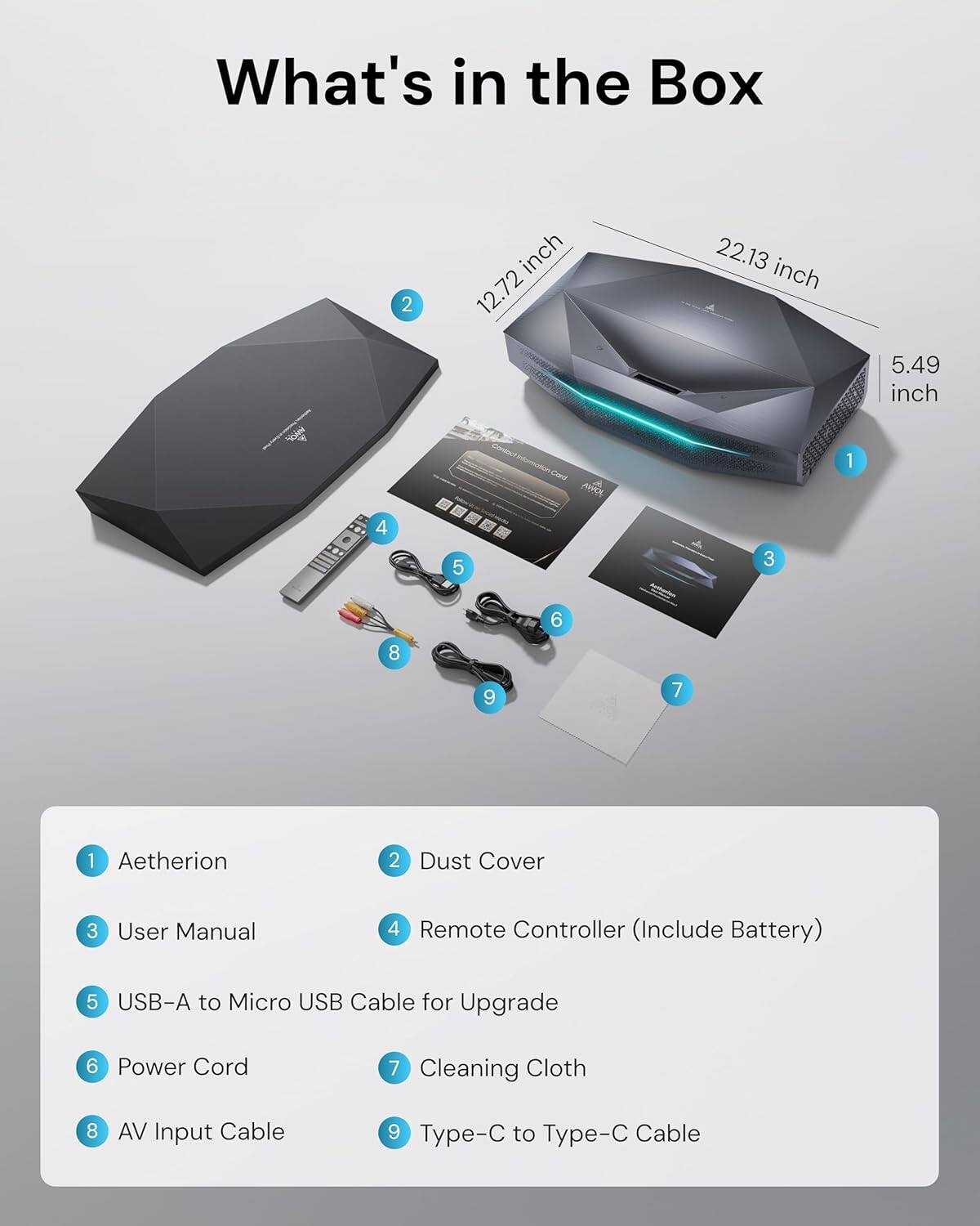 What's in the Box

1. Aetherion
2. Dust Cover
3. User Manual
4. Remote Controller (Include Battery)
5. USB-A to Micro USB Cable for Upgrade
6. Power Cord
7. Cleaning Cloth
8. AV Input Cable
9. Type-C to Type-C Cable

Dimensions:
- 2.72 inch
- 22.13 inch
- 5.49 inch