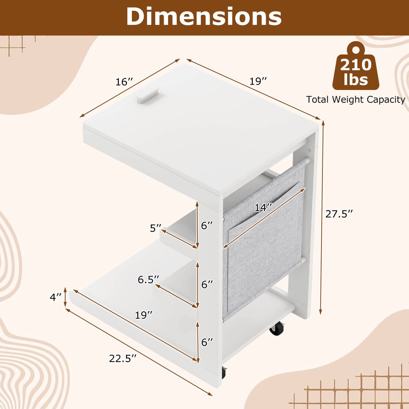 Dimensions: 16" x 19"  
Total Weight Capacity: 210 lbs  
Dimensions: 5" x 6" x 14" x 27.5" x 4" x 6.5" x 6" x 19" x 22.5" x 6"
