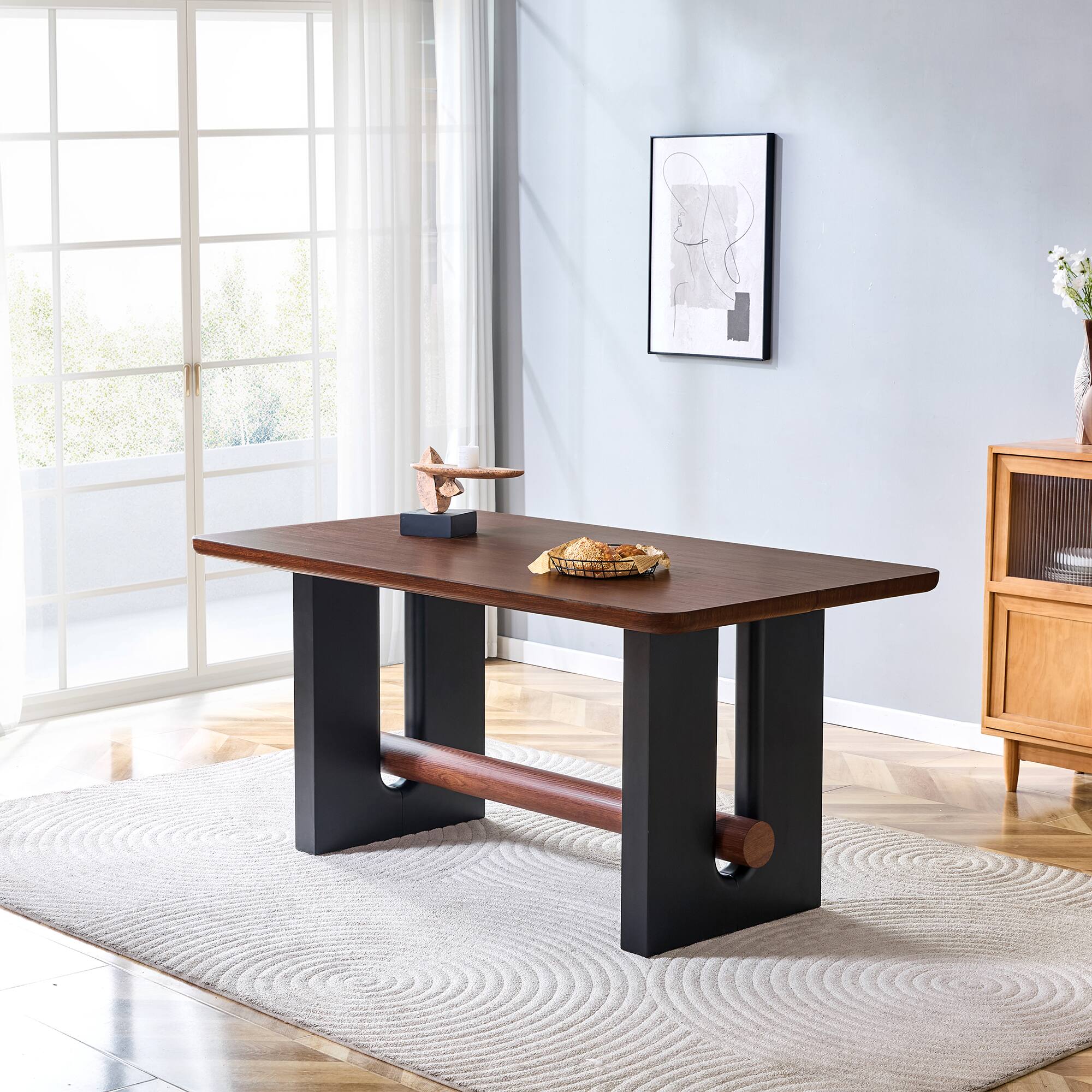 Angle. Loheer - Loheer- 5.25x2.96x2.52 ft Walnut Black Dining Table Modern Two Tone Kitchen Table Sturdy MDF Furniture - Walnut+black.
