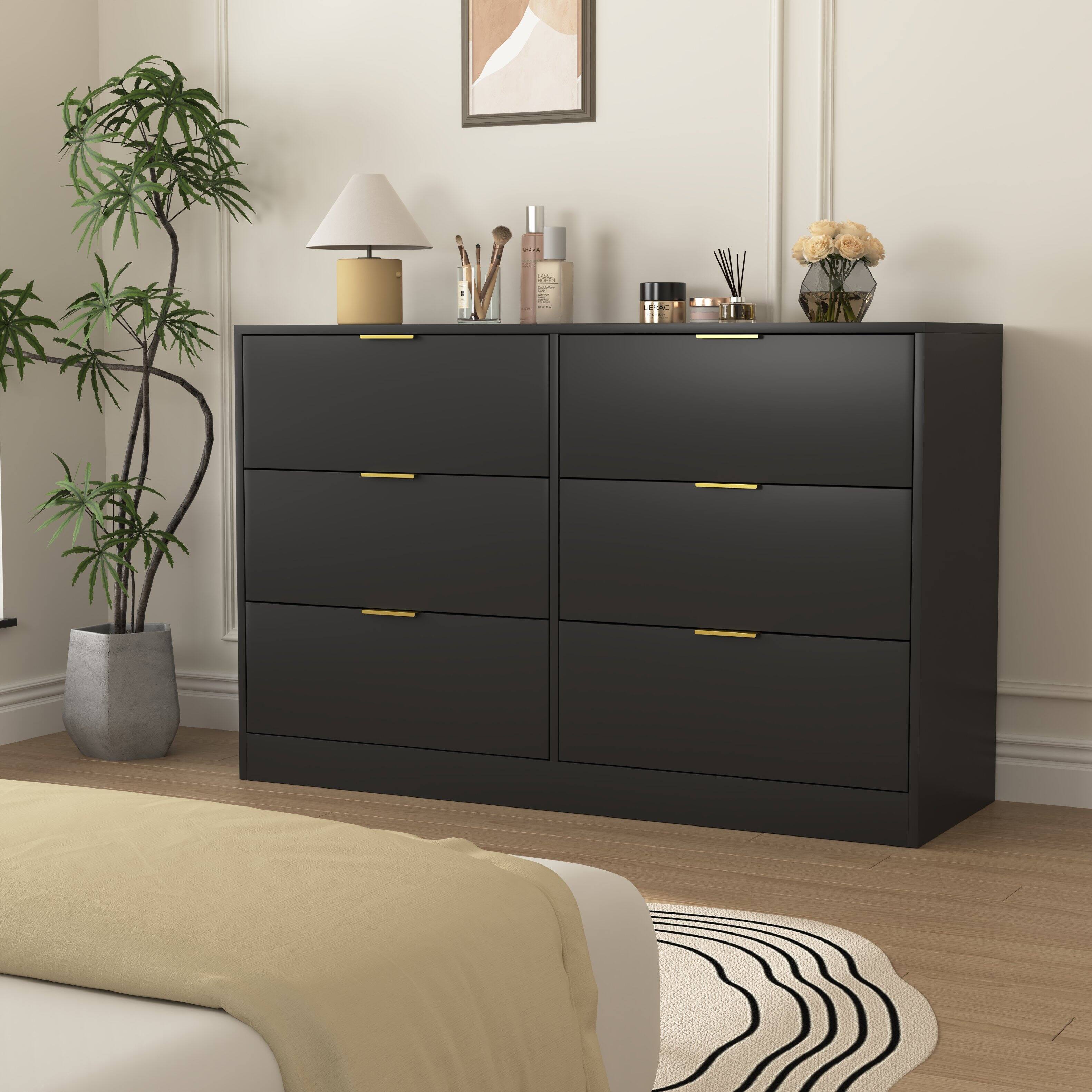 Left. Z-Edge - 6 Drawer Dresser for Bedroom, Modern Chest of Drawers, Wood Storage Double Dresser with Deep Drawers for Living Room - Black.