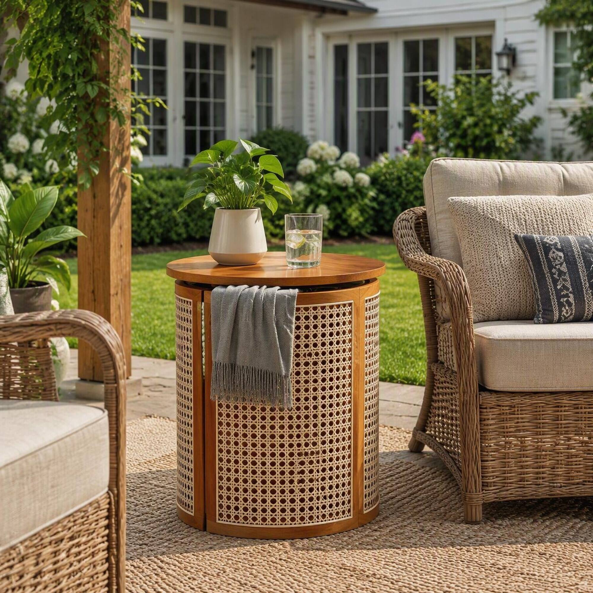 Back. RYHNUYNE - 15.7" Round Accent Table with Woven Rattan Sides,Compact Nightstand for Garden Deck Balcony - Ochre.