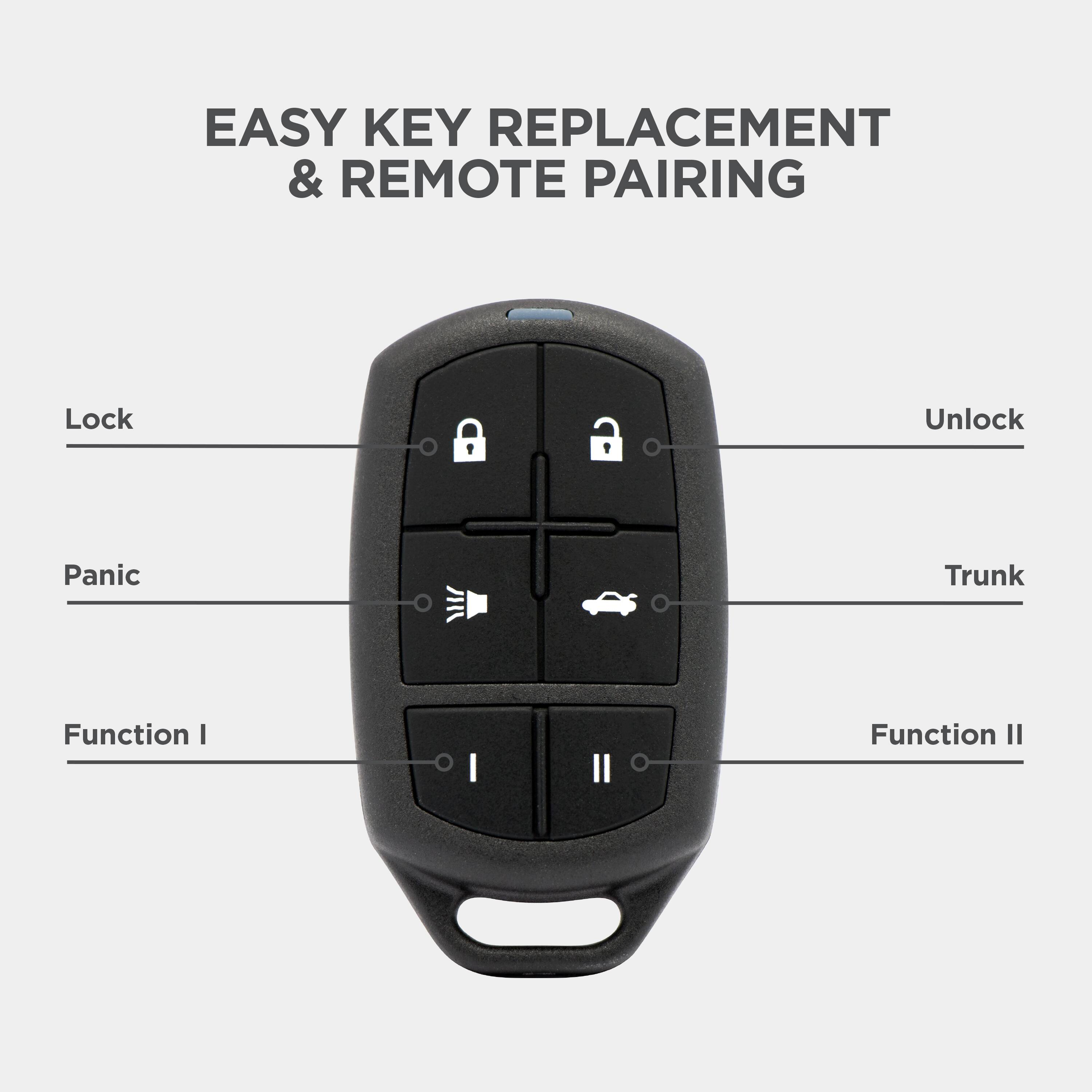 EASY KEY REPLACEMENT & REMOTE PAIRING

- Lock
- Unlock
- Panic
- Trunk
- Function I
- Function II
