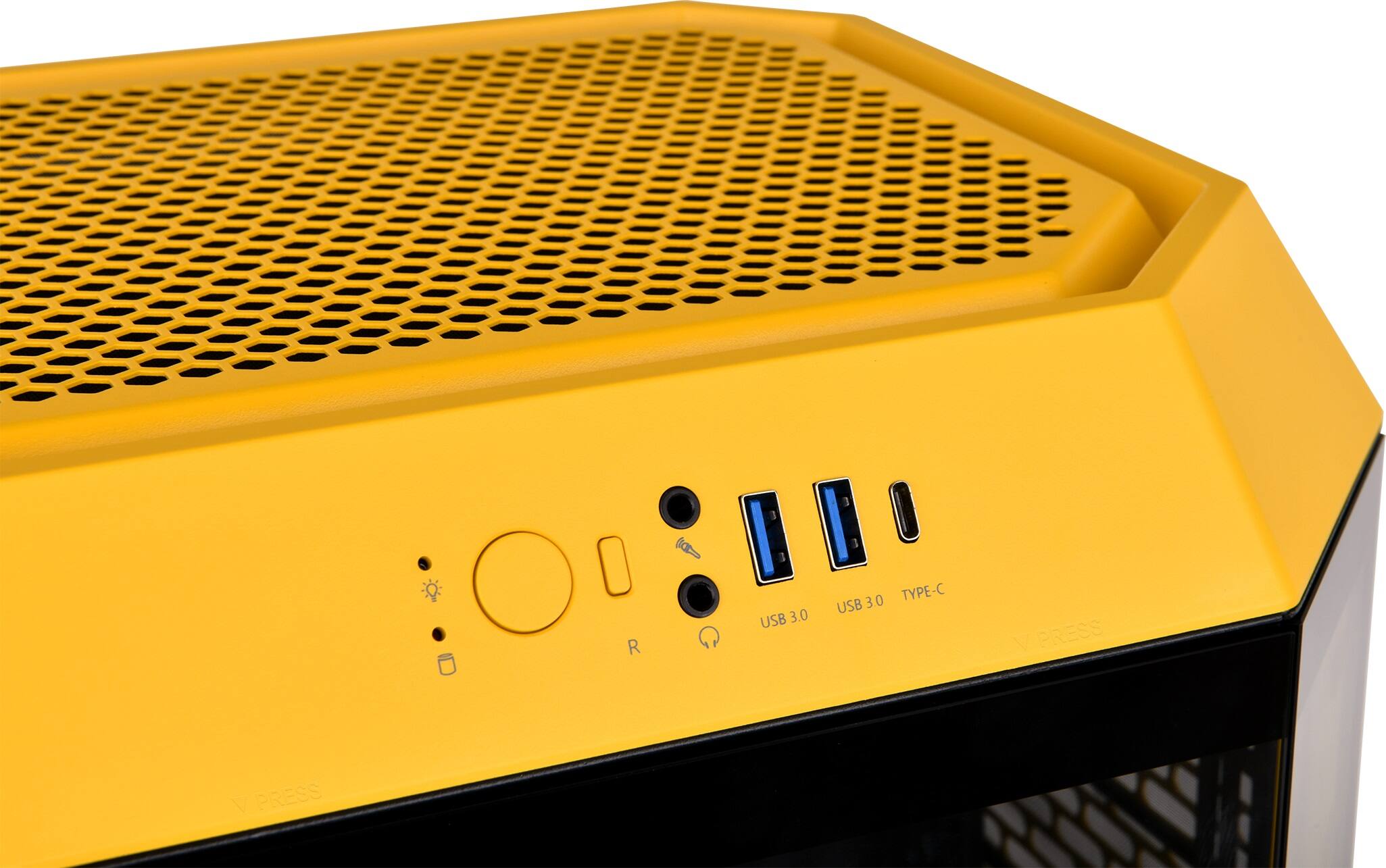 The text on the image reads "USB 3.0 30 TYPE-C USB V PRESS V PRESS." This text is likely describing the USB ports available on the yellow computer case. The case has two USB 3.0 ports and one USB Type-C port, which can be used for connecting various devices, such as keyboards, mice, and external storage.