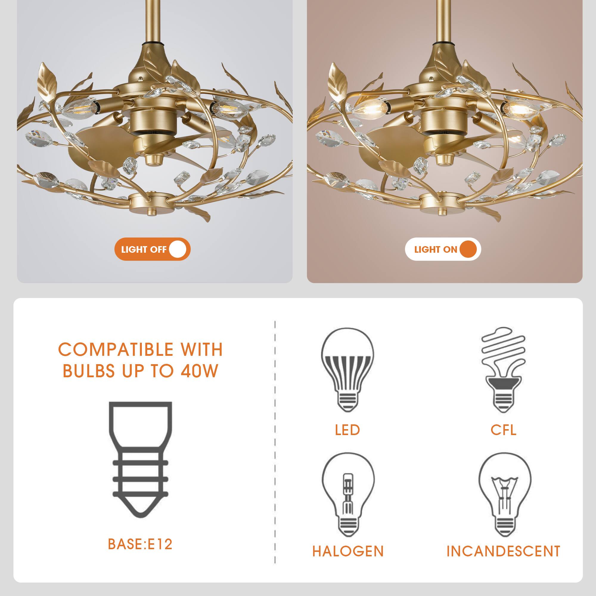 LIGHT OFF  
LIGHT ON  

COMPATIBLE WITH BULBS UP TO 40W  
BASE: E12  

LED  
CFL  
HALOGEN  
INCANDESCENT