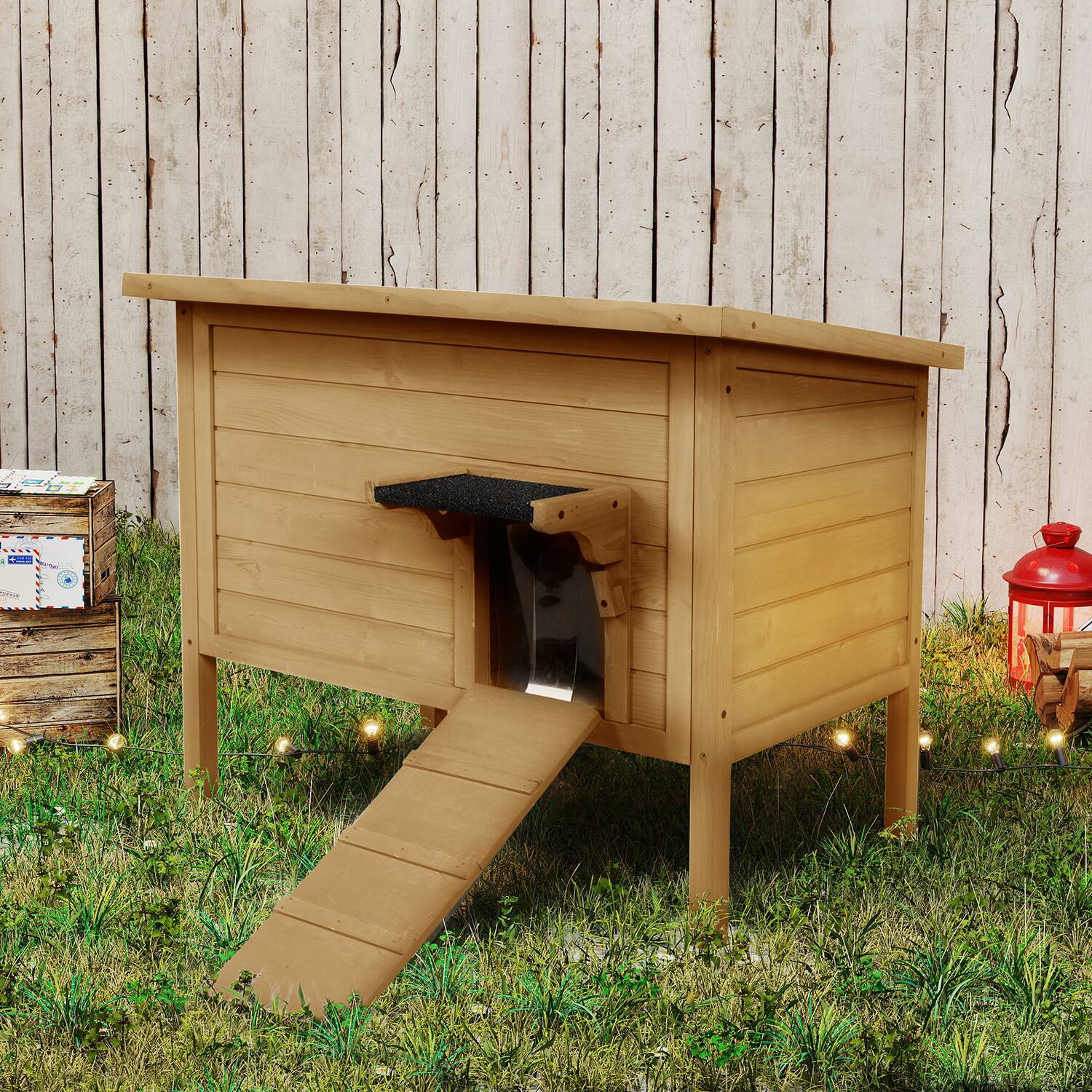 Alt View 3. FODINGHILL - Insulated Outdoor Cat House for Multiple Pets, Weatherproof Wood Shelter with Foldable Ladder & Acrylic Window, Brown.