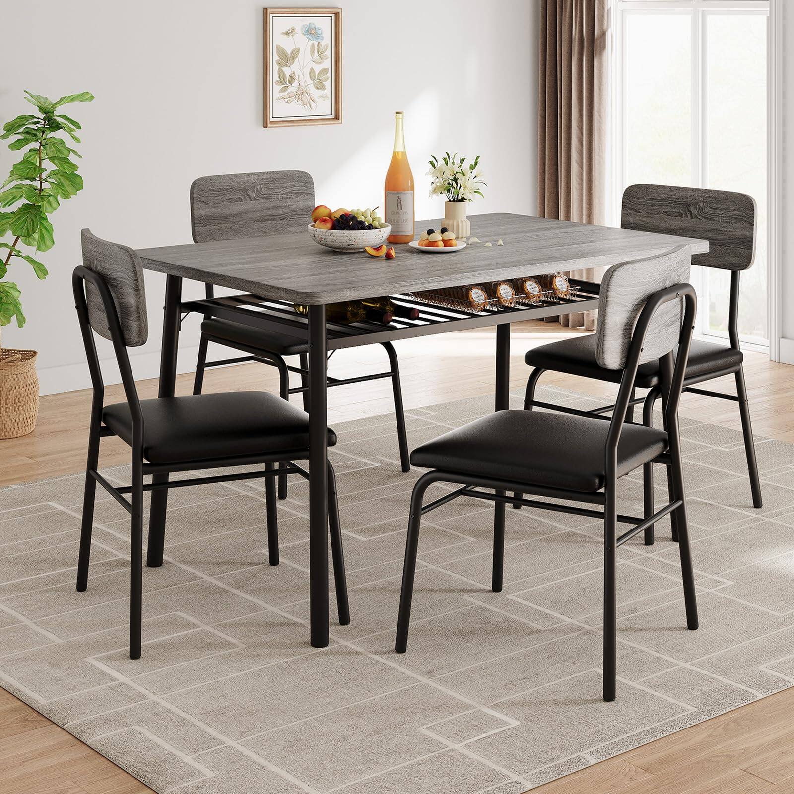 Front. Homhougo - Dining Table Set for 4 with Storage Rack, 5-Piece Kitchen Table and Upholstered Chairs of 4, Tabletop & Heavy-Duty - Gray.