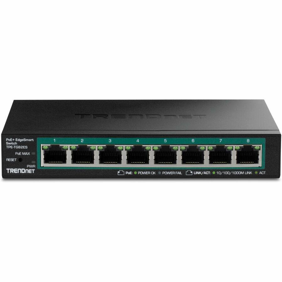 TRENDNET PoE+ EdgeSmart Switch TPE-TG82ES  
1 2 3 4 5 6 7 8  
PoE MAX RESET PWR  
TRENDNET  
PoE: POWER OK POWER FAIL LINK/ACT 10/100/1000M LINK ACT