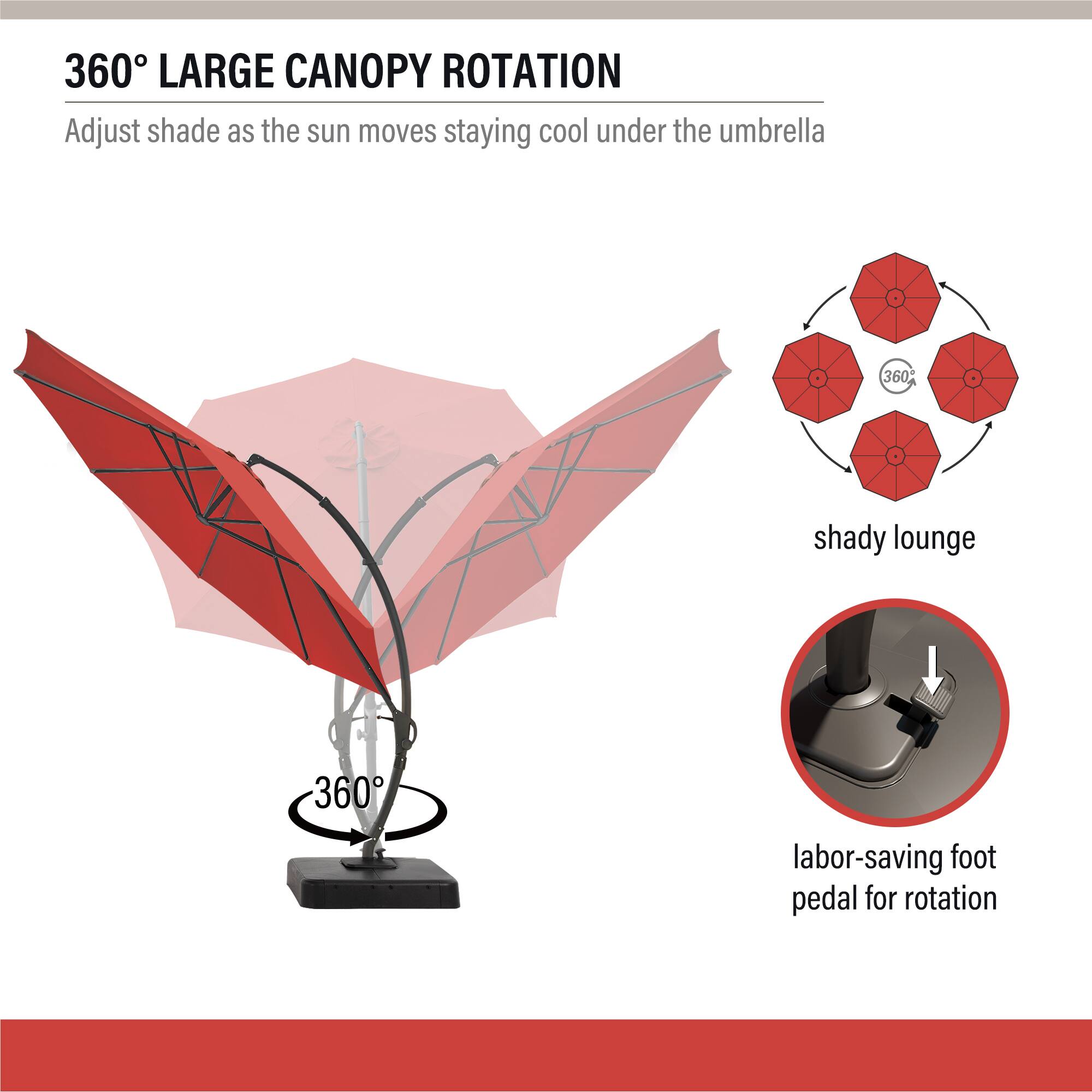 360° LARGE CANOPY ROTATION  
Adjust shade as the sun moves staying cool under the umbrella  

shady lounge  

labor-saving foot pedal for rotation