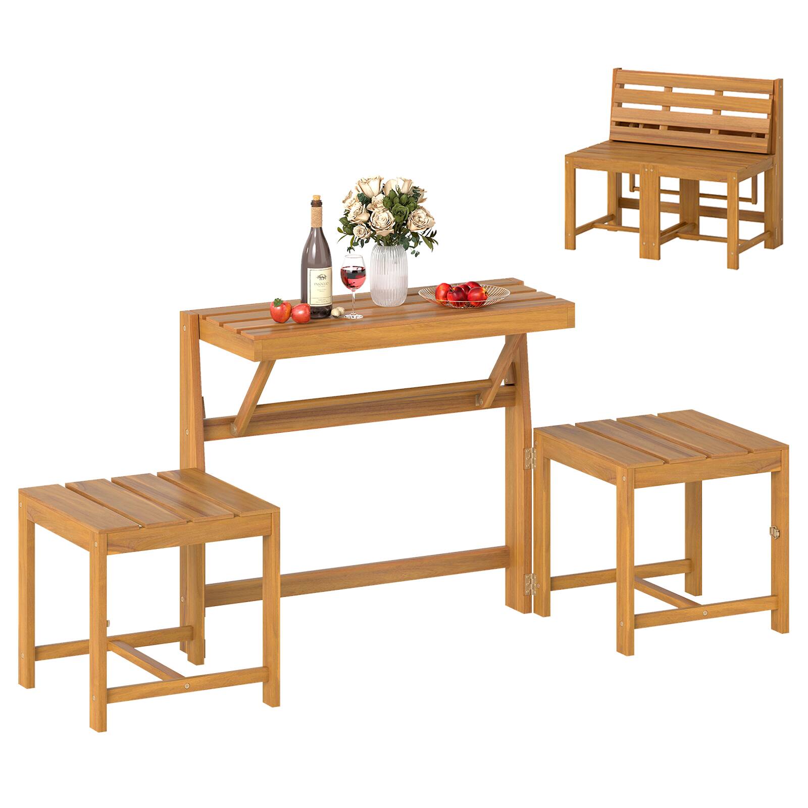 Alt View 9. Gymax - Gymax 3-in-1 Outdoor Acacia Wood Loveseat Bench Furnitur w/ Slatted Seat for Garden - Yellow.