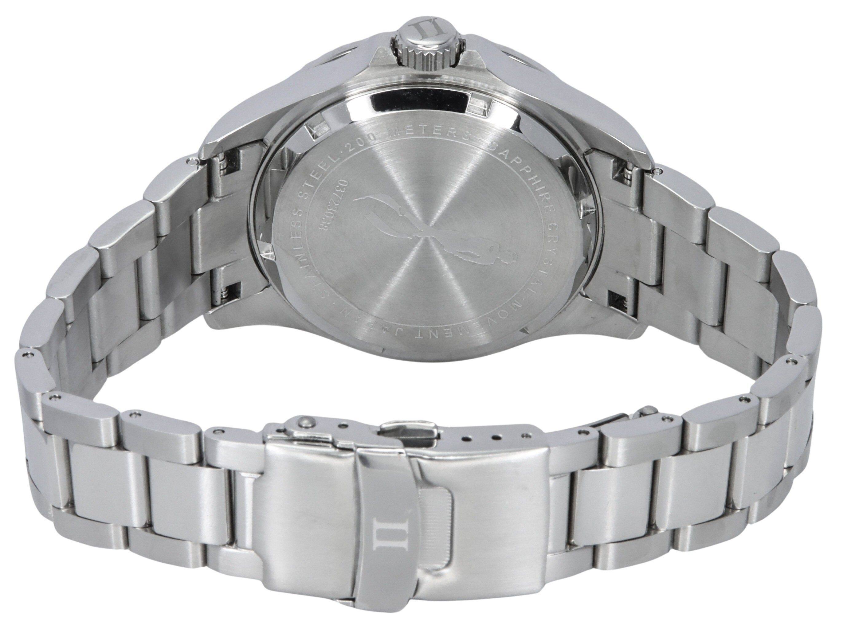 Here is the corrected and grouped text from the image:

- ETER 20.0
- STEEL-200
- STEEL
- SAPPHIRE
- ESS 03723038
- STAINLESS
- ANERESRONTRTLT
- CRYSTAL
- Ezer
- NOVEMENT II

On the watch back:
- SWISS STEEL 200 METERS
- SAPPHIRE CRYSTAL
- SWISS MADE
- 316L
- WATER RESISTANT