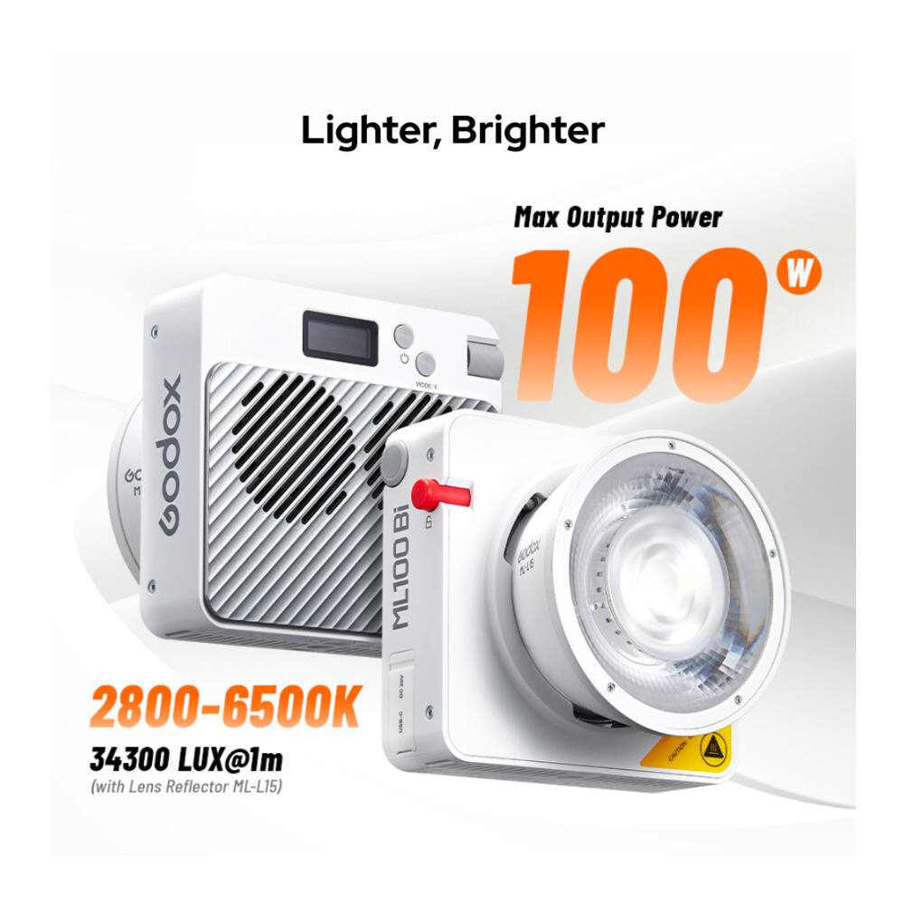 Lighter, Brighter  
Max Output Power 100 W  
2800-6500K  
34300 LUX@1m  
(with Lens Reflector ML-L15)