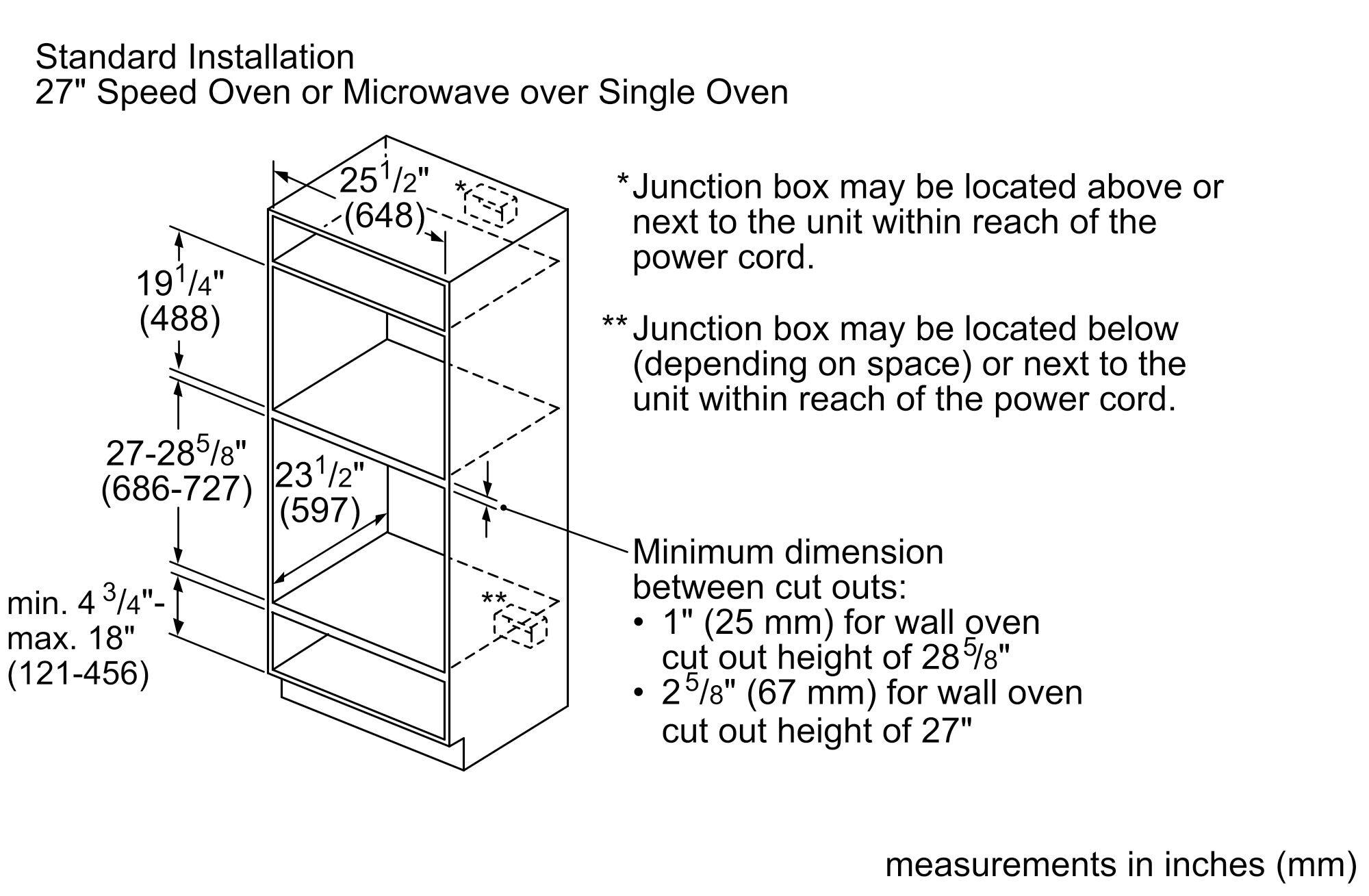 Standard Installation  
27" Speed Oven or Microwave over Single Oven  

- 25 1/2" (648)  
- 19 1/4" (488)  
- 27-28 5/8" (686-727)  
- 23 1/2" (597)  
- min. 4 3/4" - max. 18" (121-456)  

*Junction box may be located above or next to the unit within reach of the power cord.  
**Junction box may be located below (depending on space) or next to the unit within reach of the power cord.  

Minimum dimension between cut outs:  
- 1" (25 mm) for wall oven cut out height of 28 5/8"  
- 2 5/8" (67 mm) for wall oven cut out height of 27"  

Measurements in inches (mm)