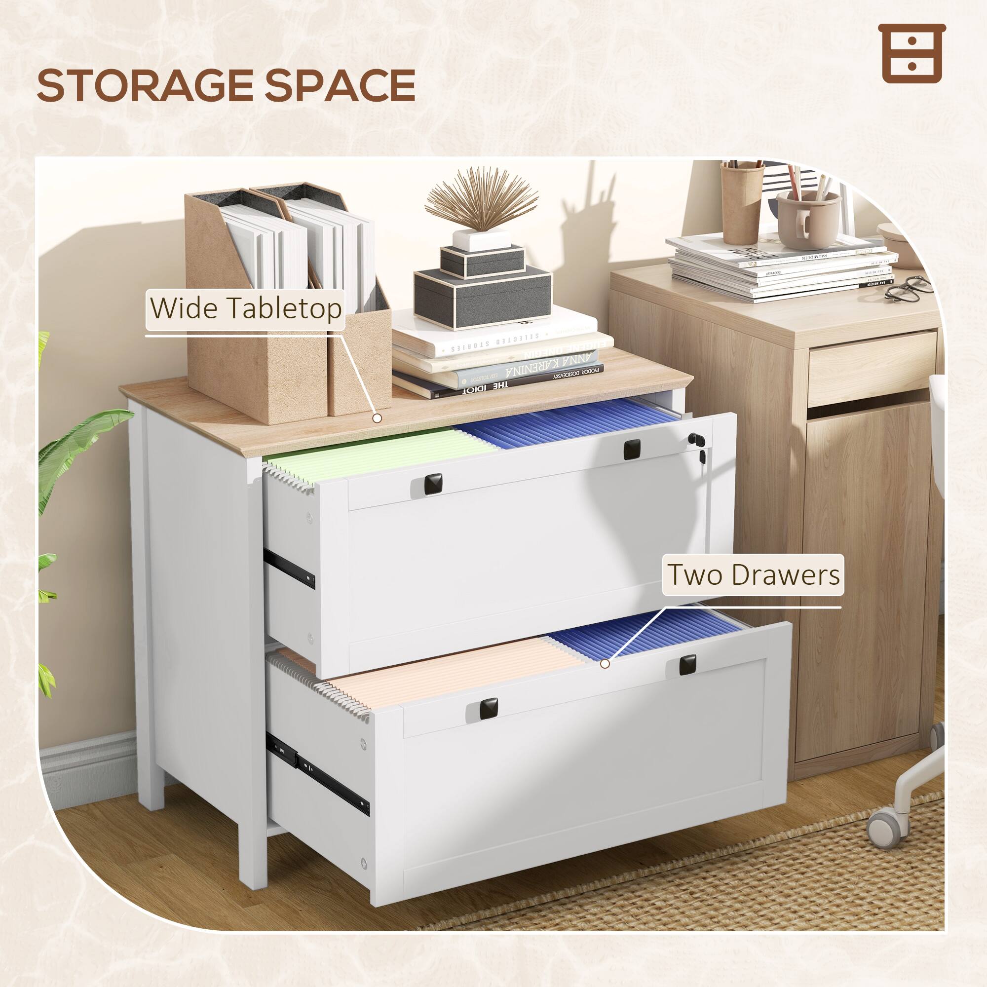 STORAGE SPACE  
Wide Tabletop  
Two Drawers