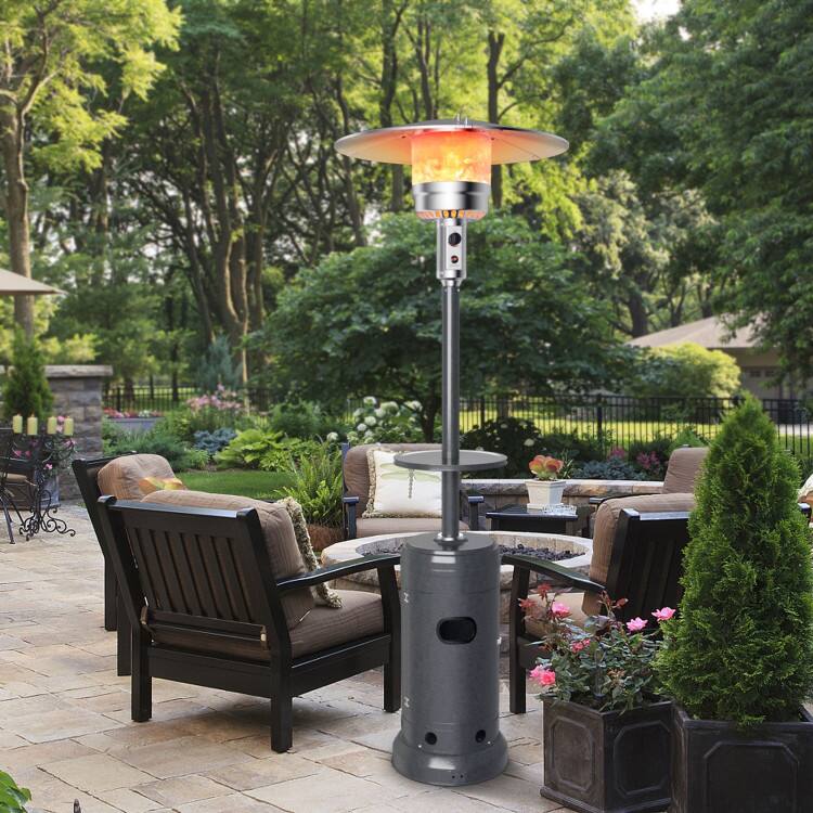 Left. Mondawe - 48,000 BTU Standing Outdoor Heater Propane LP Gas Steel with Table and Wheels - Gray.