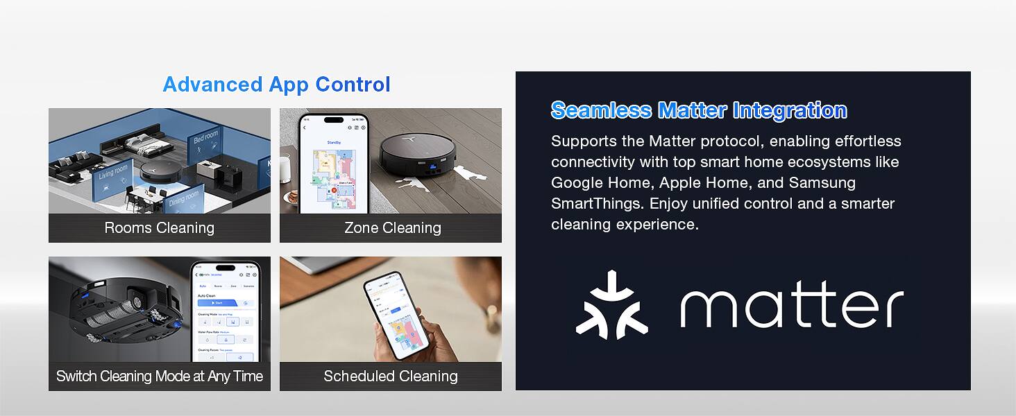 Advanced App Control

- Rooms Cleaning
- Zone Cleaning
- Switch Cleaning Mode at Any Time
- Scheduled Cleaning

Seamless Matter Integration

Supports the Matter protocol, enabling effortless connectivity with top smart home ecosystems like Google Home, Apple Home, and Samsung SmartThings. Enjoy unified control and a smarter cleaning experience.