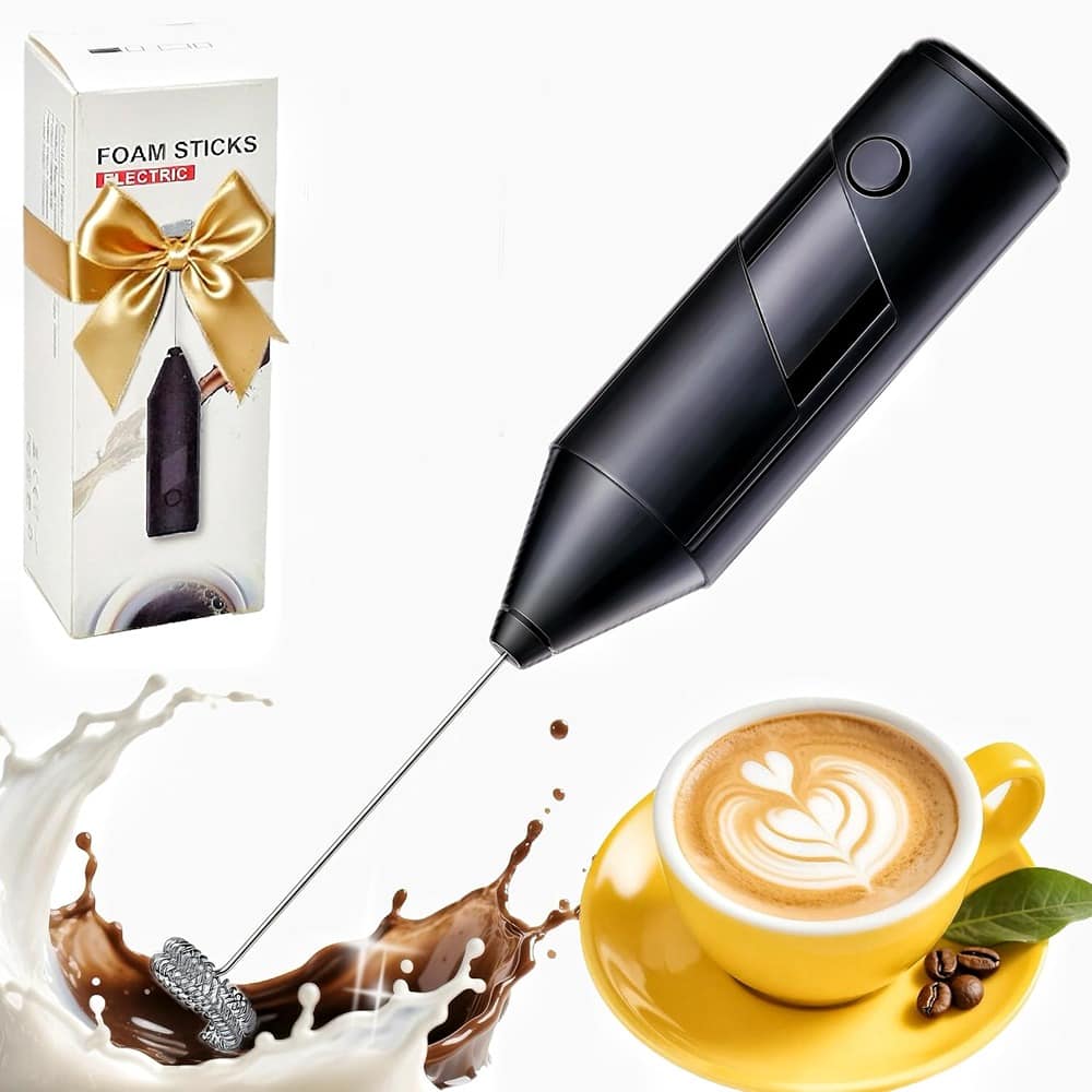 ACJPR - Handheld Milk Frother, Electric Whisk with Detachable Stainless Steel Whisk for Coffee, Lattes, Cappuccino, Matcha, Cold - Black