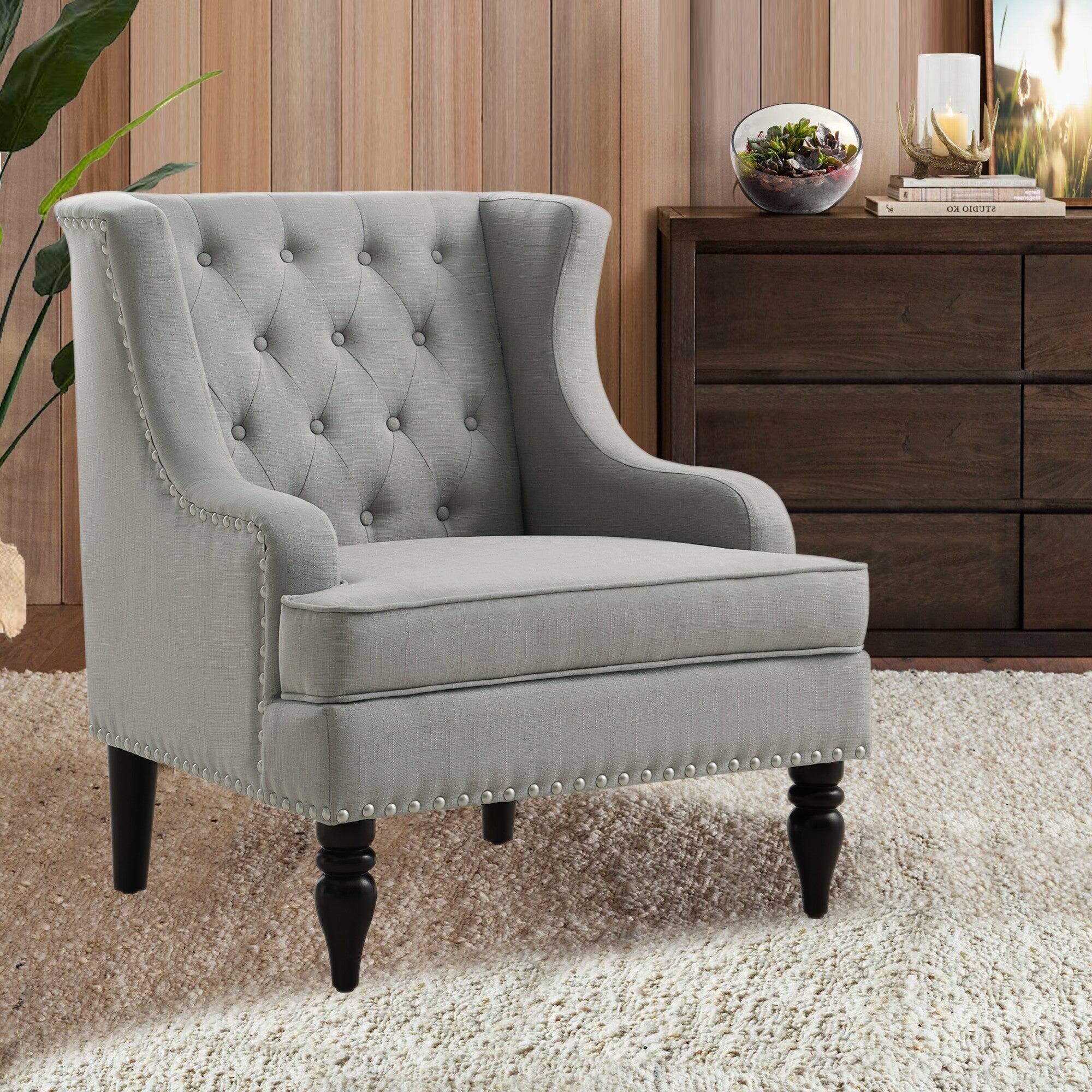 Alt View 5. Boyel Living - Linen Button Tufted Accent Chair with Nailhead Trim and Solid Wood Legs - Light Gray.